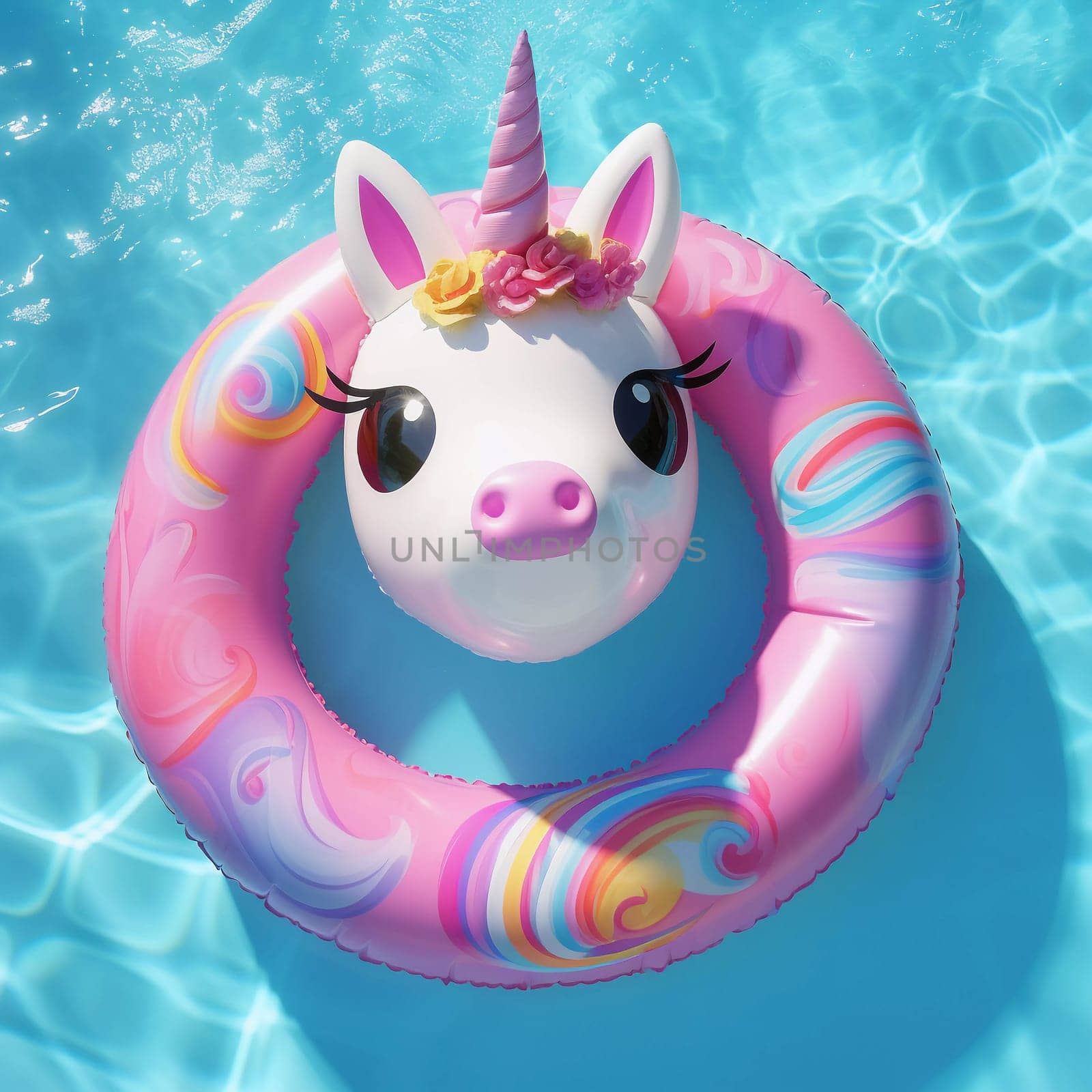 Unicorn Air Mattress. Floats on the surface of the water in the pool. Summer colorful vacation background.