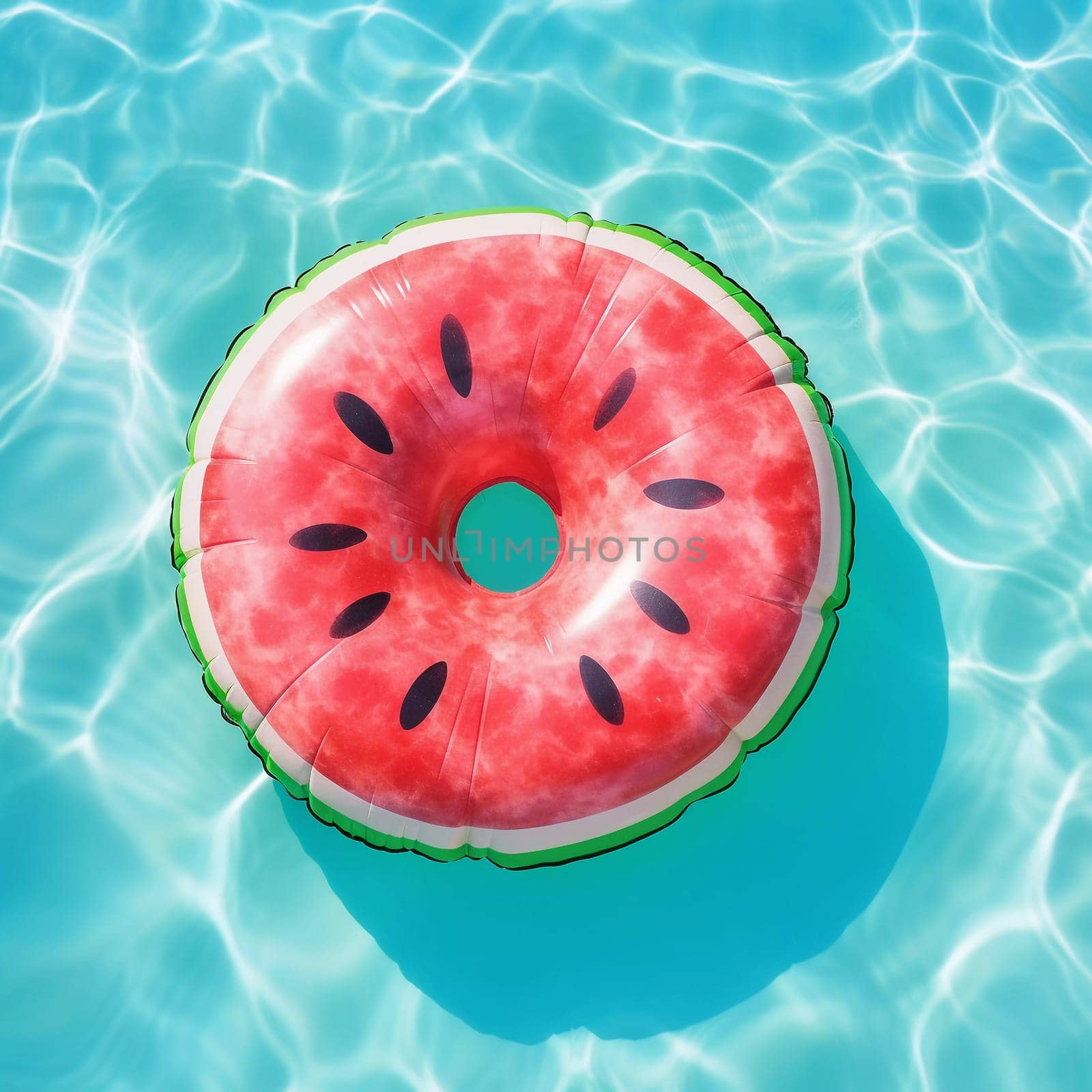 Round Watermelon Air Mattress. Floats on the surface of the water in the pool. Summer colorful vacation background.