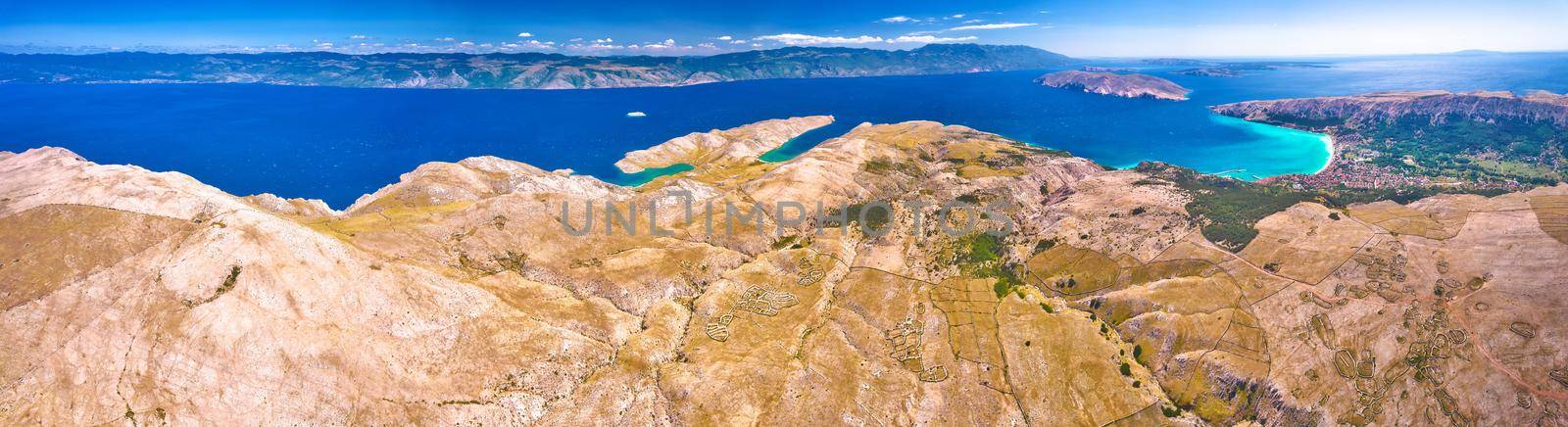 Moon Plateau stone desert heights aerial panoramic view, view of Baska, Senj, Vela and Mala Luka on Krk island, Adriatic, Croatia