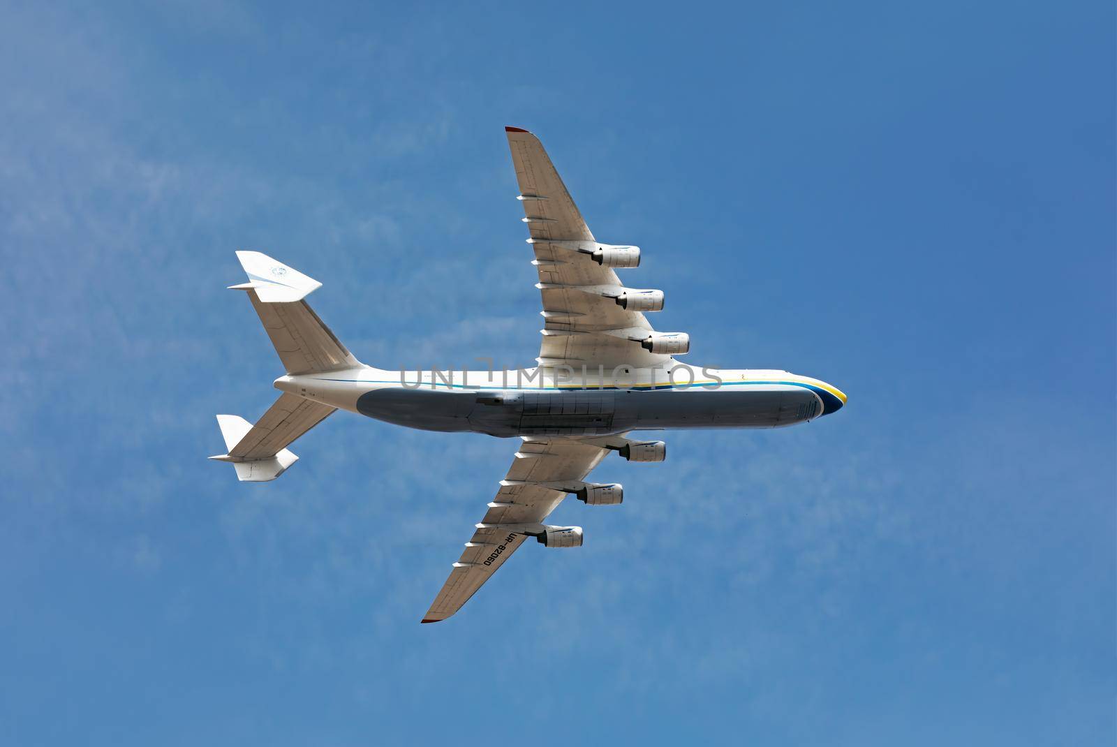 KYIV, UKRAINE - Aug 24, 2021: Celebrating the 30th anniversary of Ukraine independence. The plane Antonov 225 AN-225 Mriya, the biggest airplane in the world in the sky over Kyiv during the parade