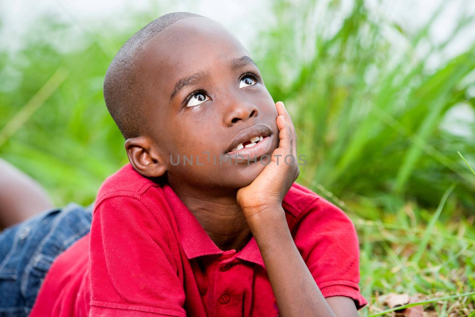 Portrait of cute happy boy lying in fresh green grass in sunny day, enjoying summer vacation.