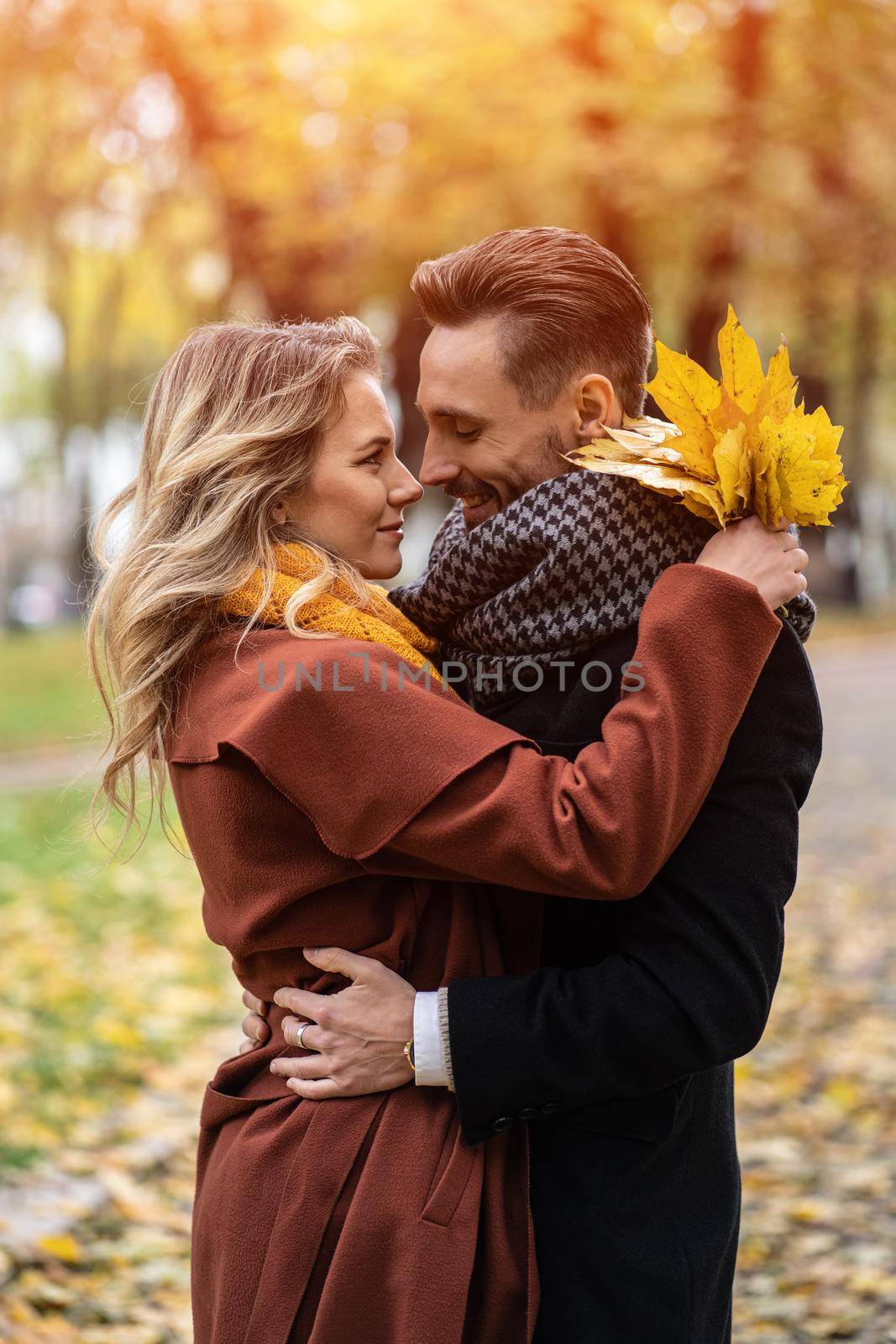 Half-length portrait of a kissing young couple. Husband and a wife hugged smile looking at each other in the autumn park. Outdoor shot of a young couple in love in a autumn park by LipikStockMedia