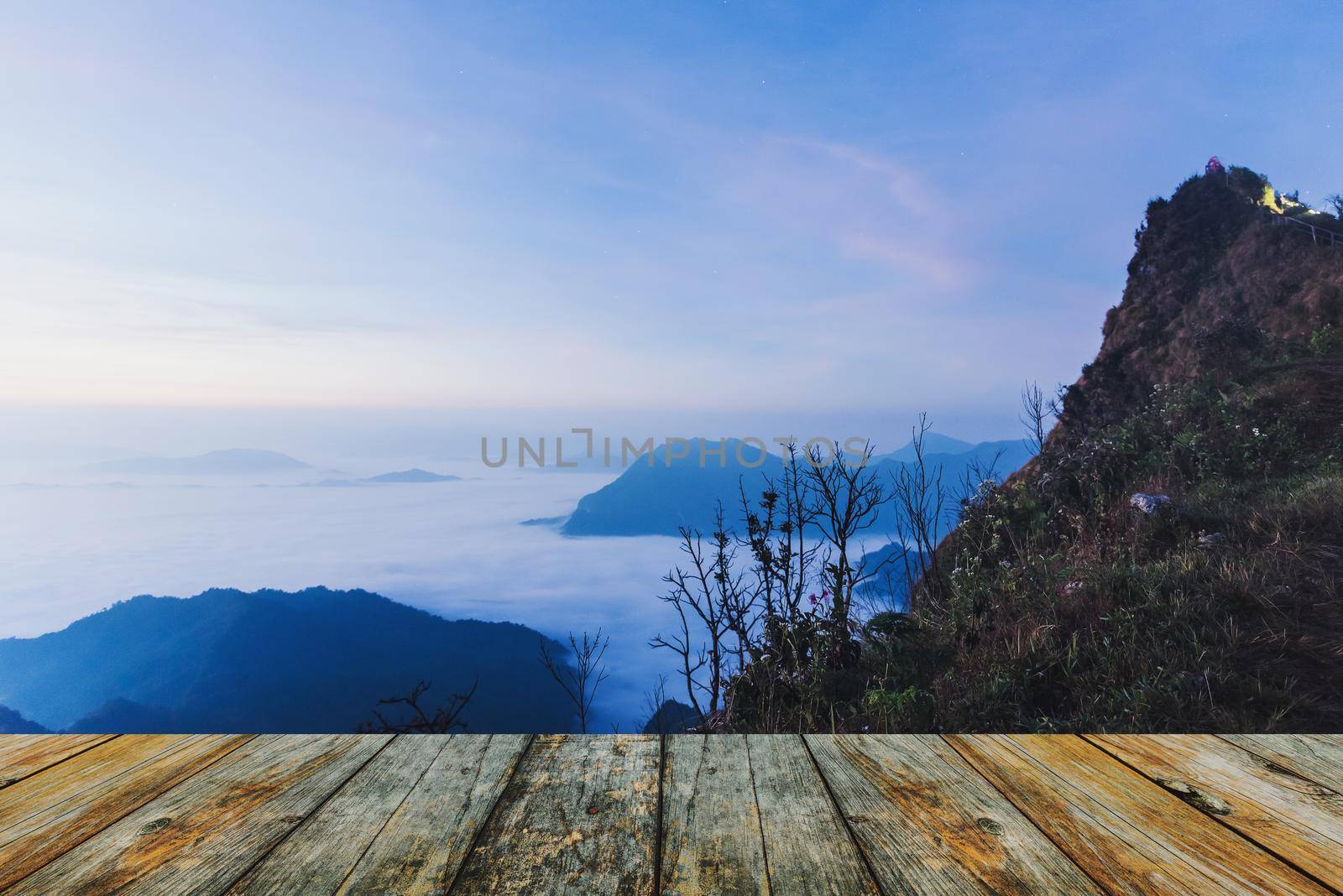 wood floor fog and cloud mountain valley landscape by Wmpix