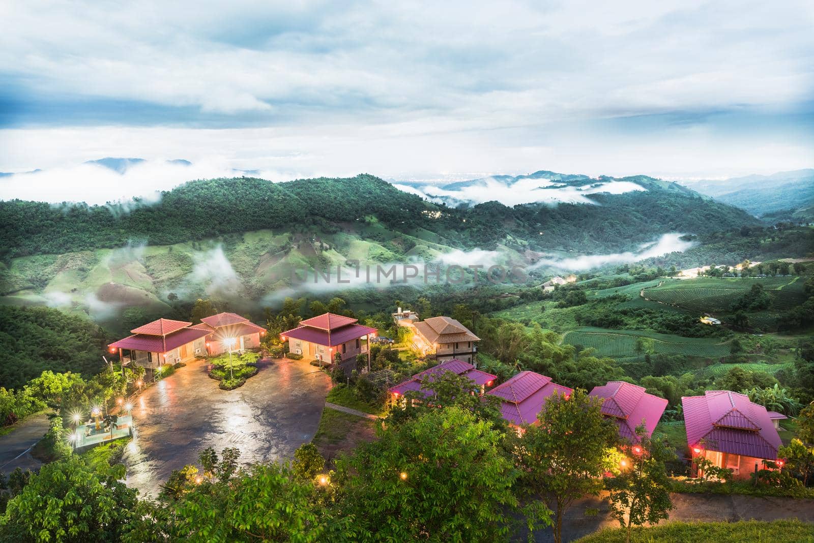 resort at mountain top view by Wmpix