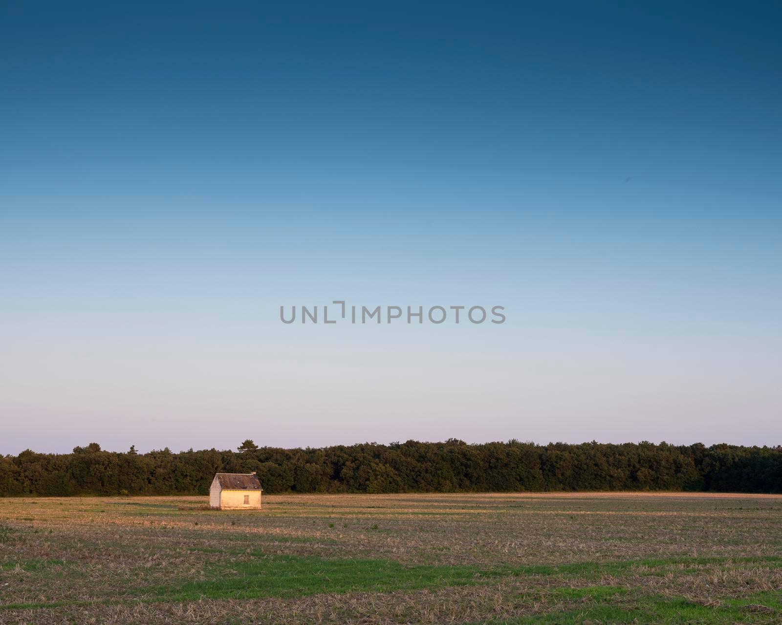 old shed in empty cornfield at sunset in Parc naturel regional Loire-Anjou-Touraine by ahavelaar