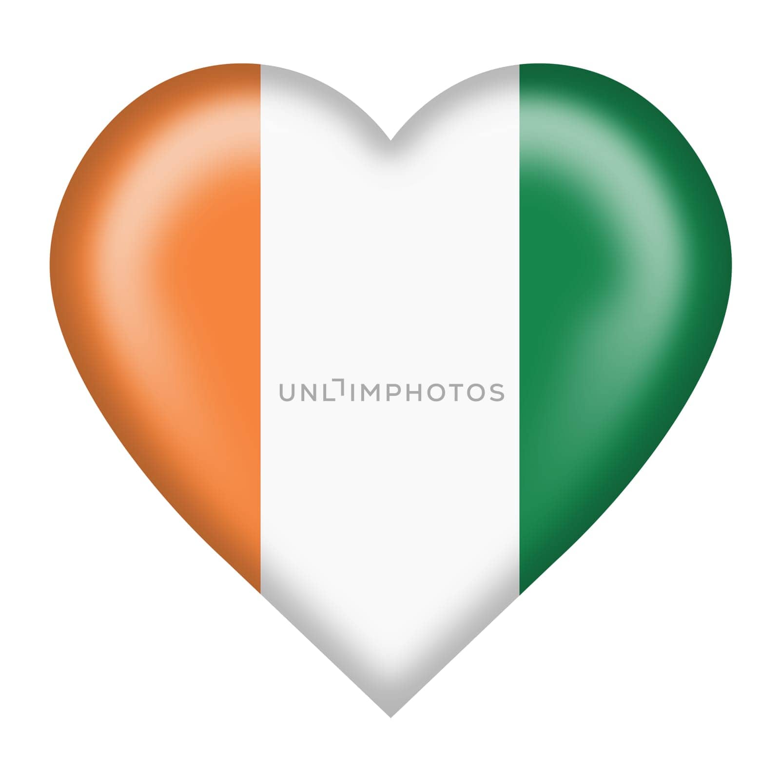 An Ivory Coast Cote dIvoire flag heart button with clipping path 3d illustration by VivacityImages