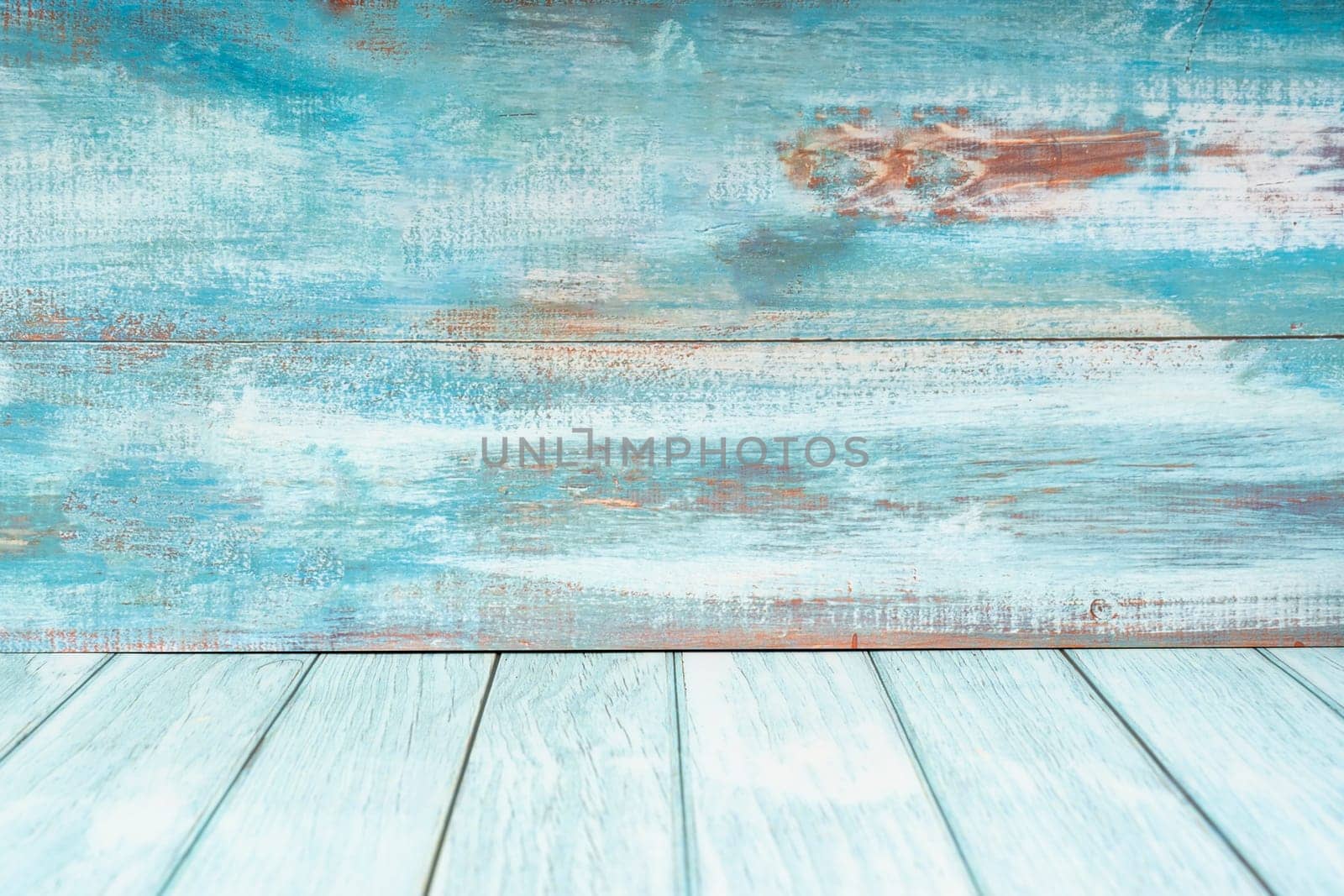 Blue Wood floor and old wooden wall, empty room for background.