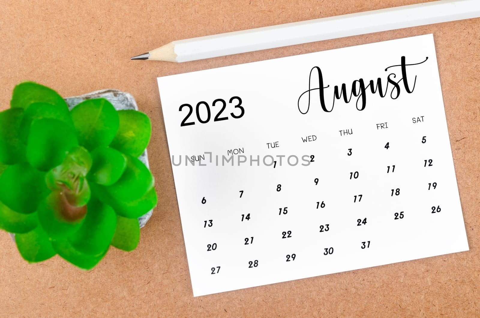 The August 2023 Monthly calendar for 2023 year with wooden pencil on wooden table. by Gamjai