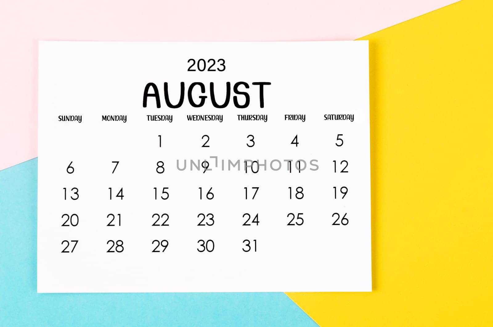 August 2023 Monthly calendar on beautiful background.