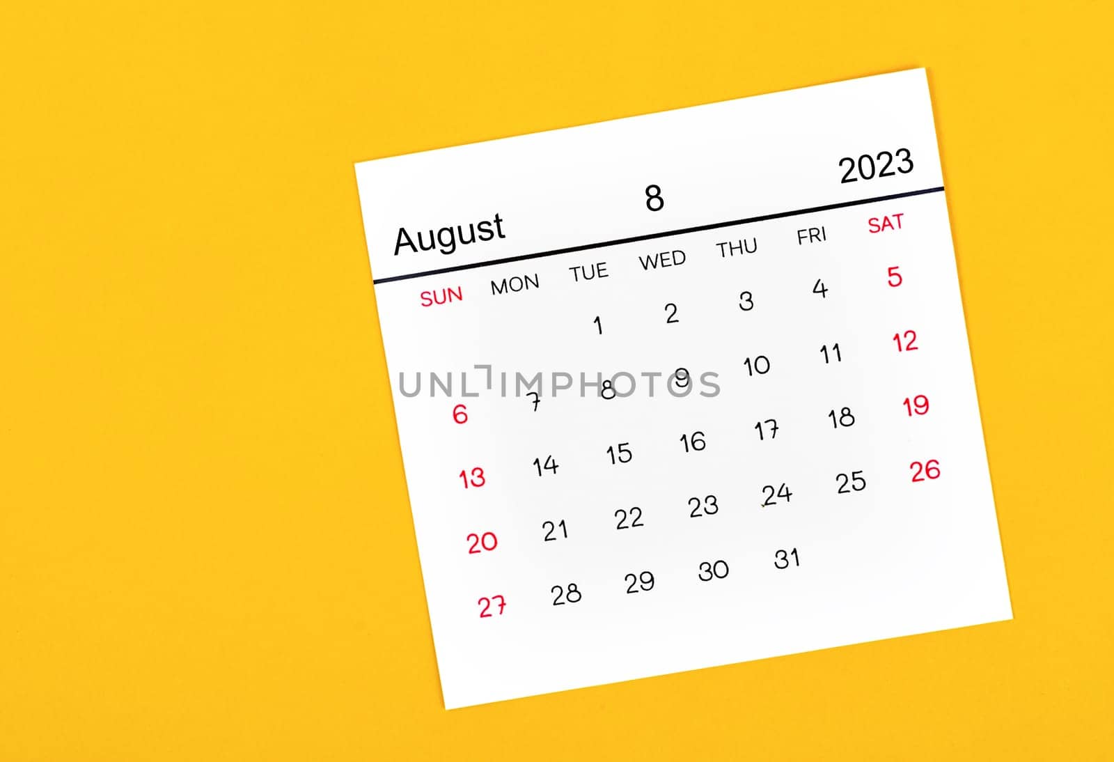 August 2023 Monthly calendar for 2023 year on yellow background.