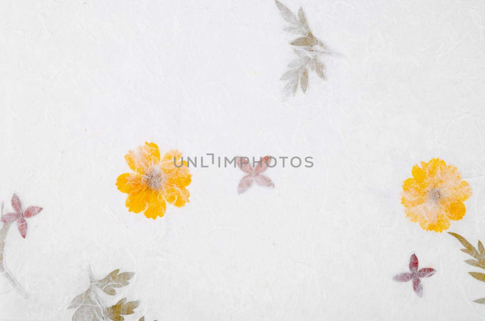 Handmade recycled flower and leaf paper or Mulberry paper texture as background.