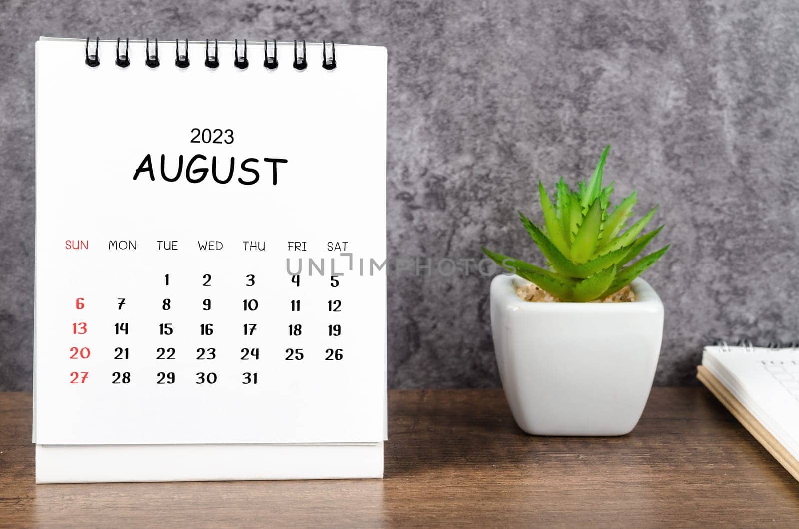 August 2023 Monthly desk calendar for 2023 with diary on wooden table.