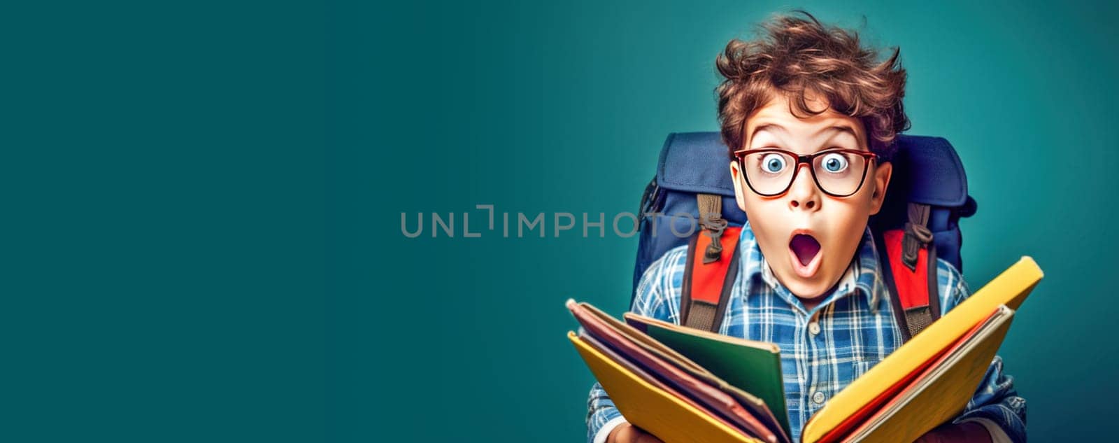 Banner of surprised little boy in glasses with backpack reading book on blue background. Back to school. Generative Ai