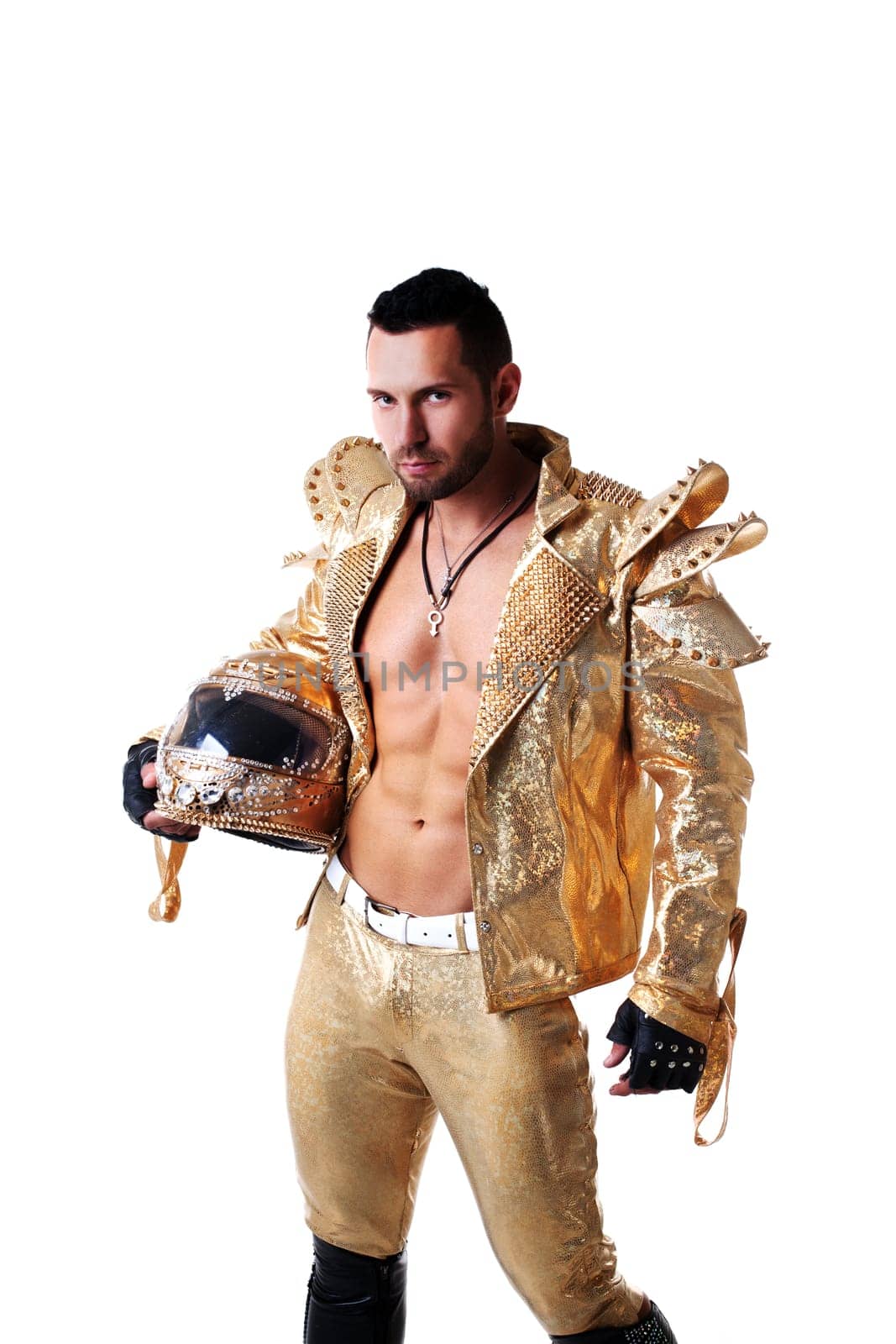 Attractive man posing in shiny suit for dance, isolated on white