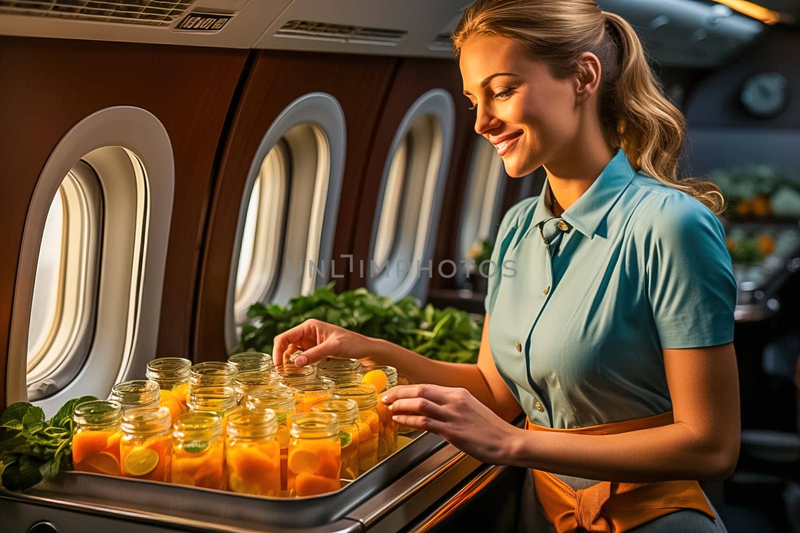 Portrait of a flight attendant serving drinks in the cabin. Generative AI. High quality illustration