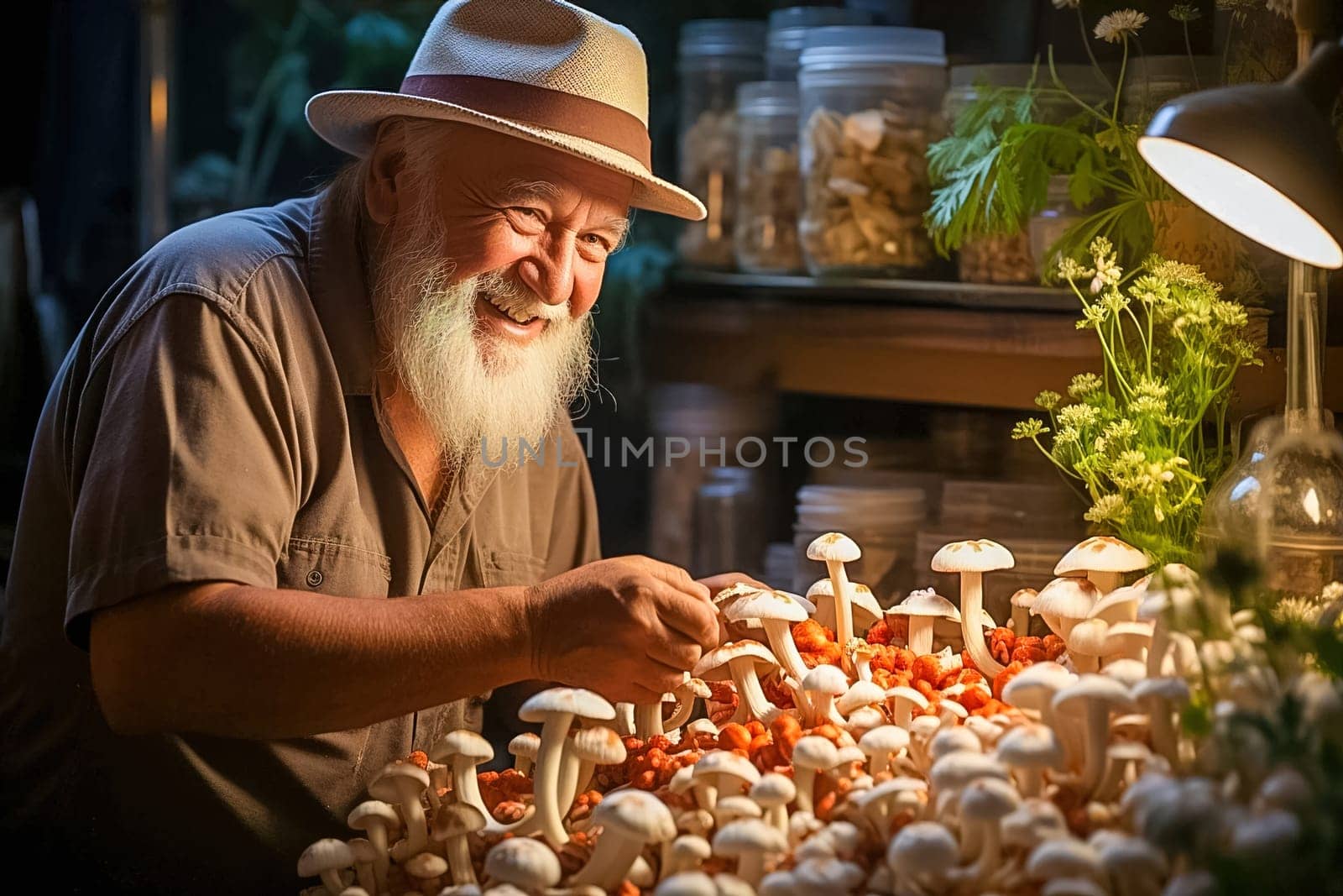 A pensioner grows mushrooms on his plot. Generative AI. High quality illustration