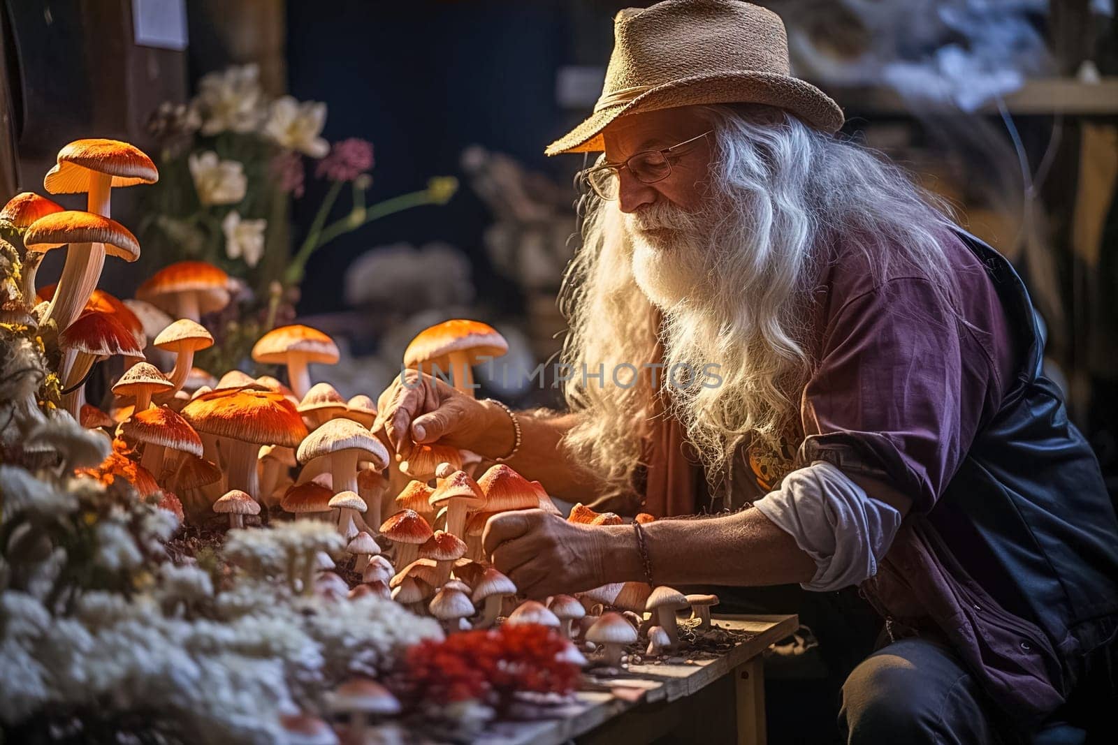A pensioner grows mushrooms on his plot. Generative AI. High quality illustration