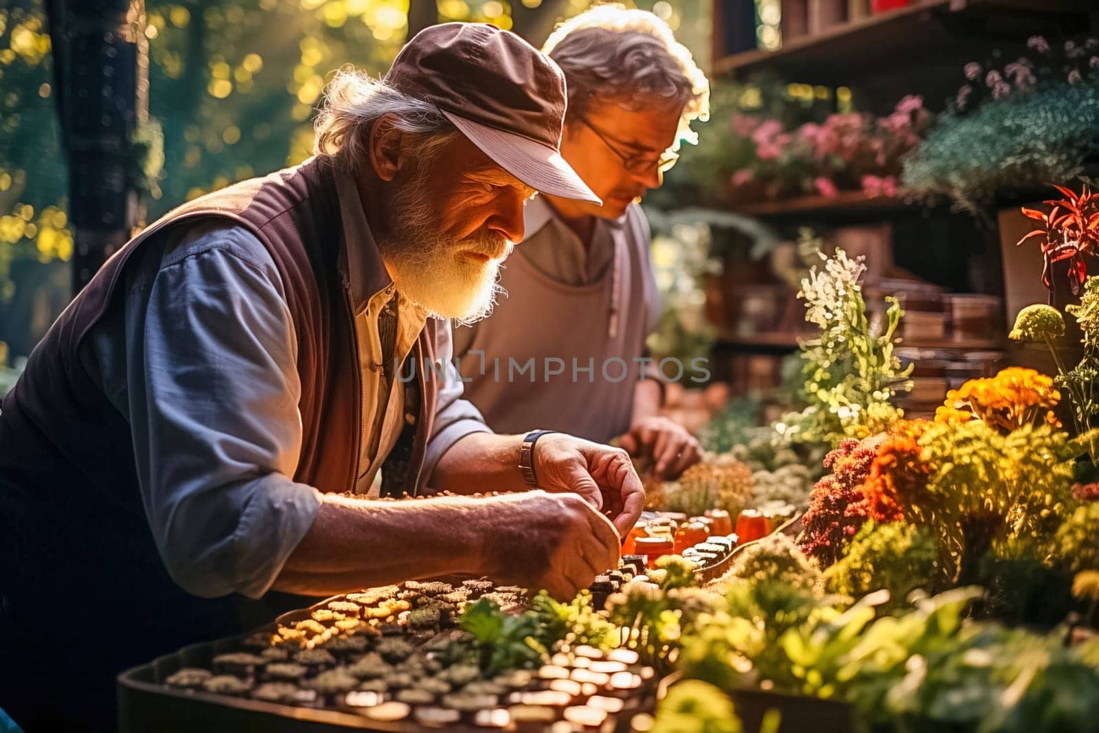 A happy retired couple are engaged in organic farming on their plot. Generative AI. High quality illustration