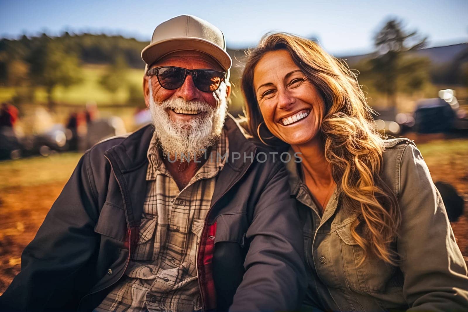 A happy retired couple on their property. Generative AI. High quality illustration