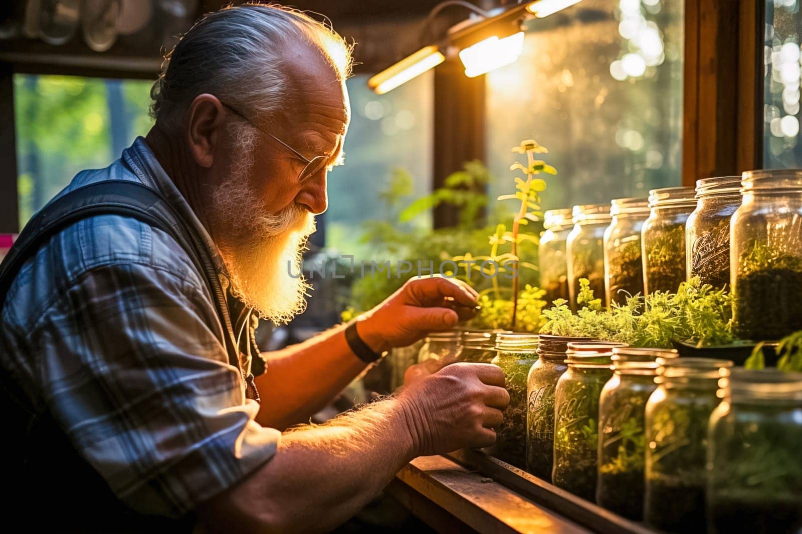 A pensioner grows medicinal herbs on personal plots and creates his own first-aid kit. High quality illustration