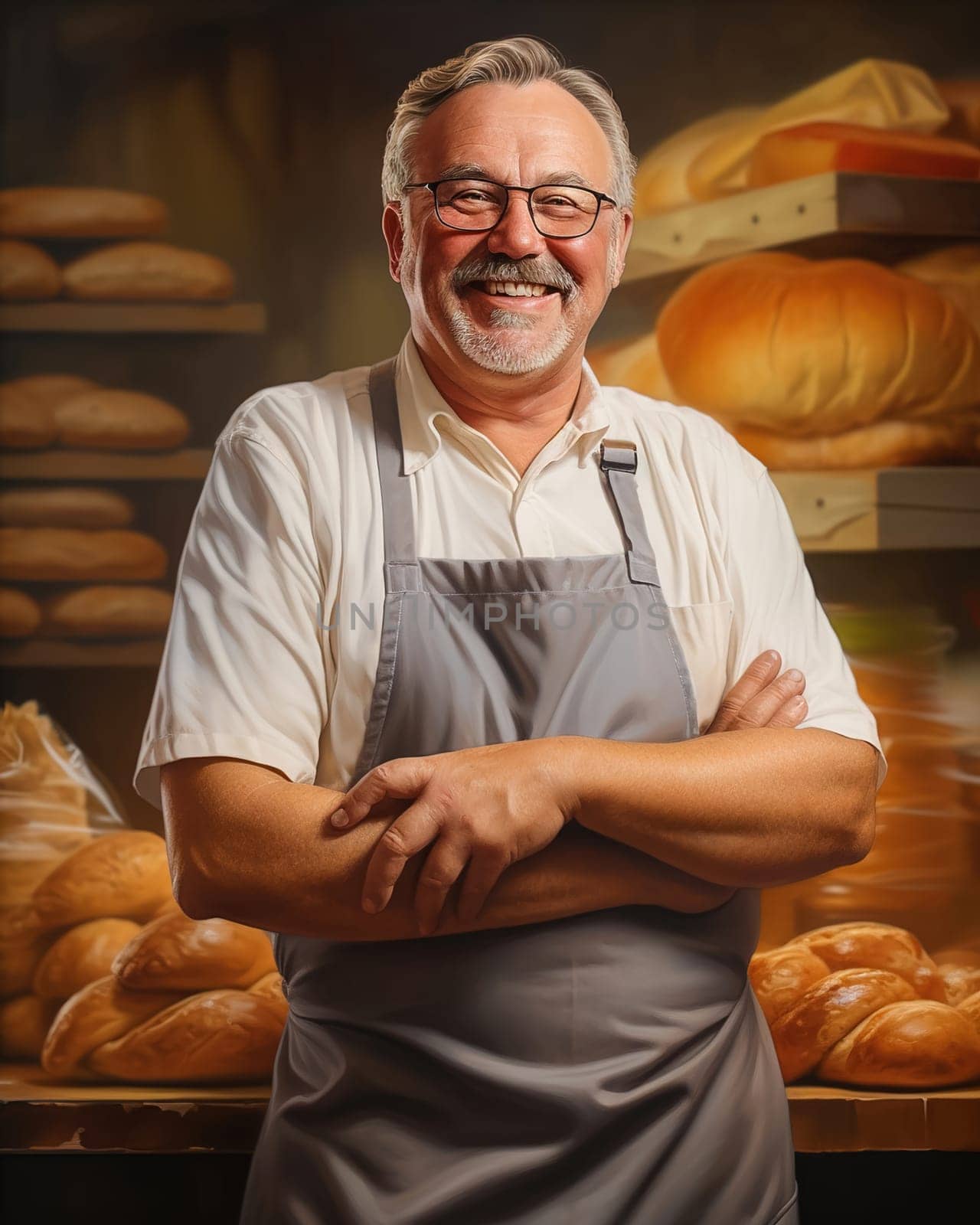 Portrait of a baker in a bakery on the background of bakery products. Generative AI. High quality illustration