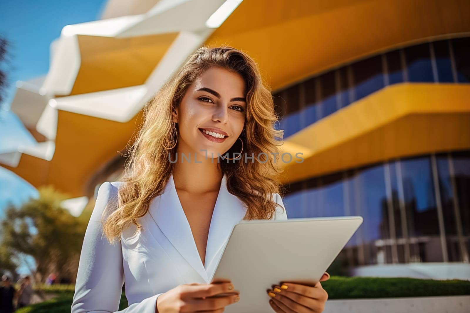 Portrait of a business girl on the street with a notepad. Generative AI. High quality illustration