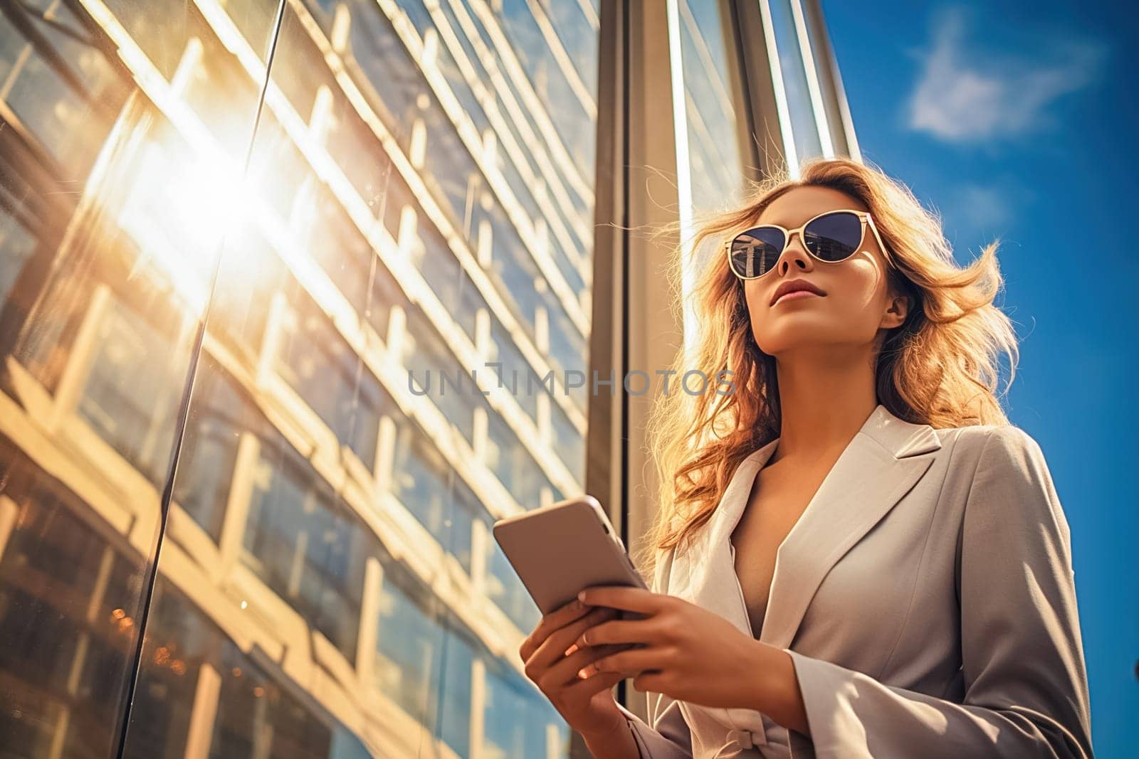 Portrait of a business girl on the street with a notepad. Generative AI. High quality illustration