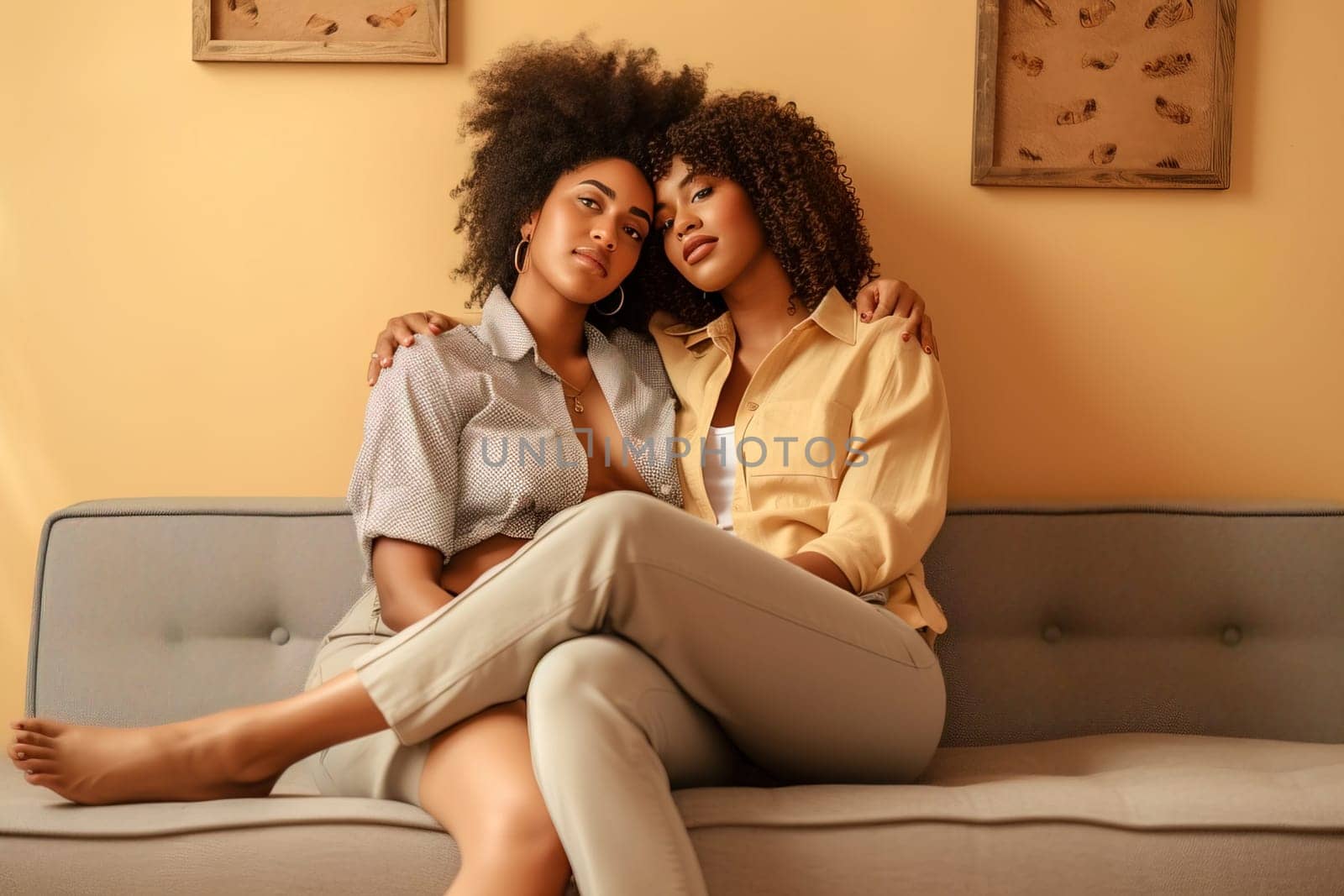 Portrait of an African American lesbian couple hugging each other. Generative AI. High quality illustration