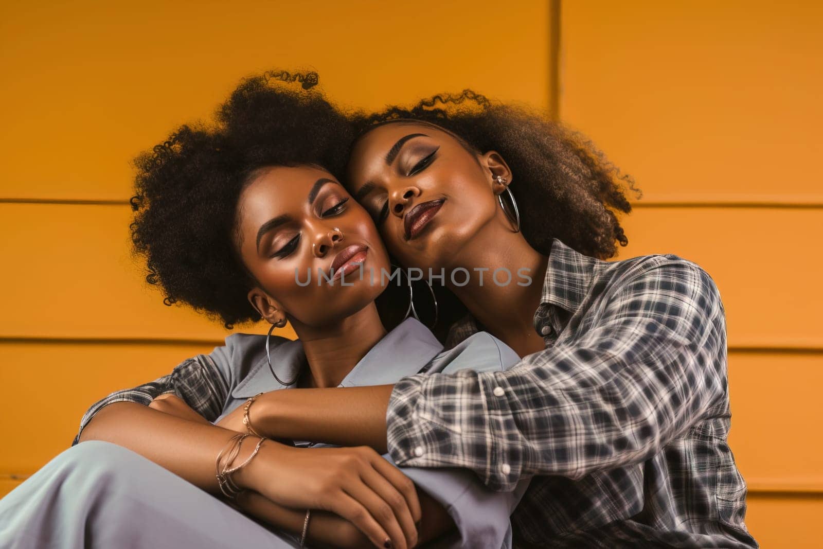 Portrait of an African American lesbian couple hugging each other. Generative AI. High quality illustration