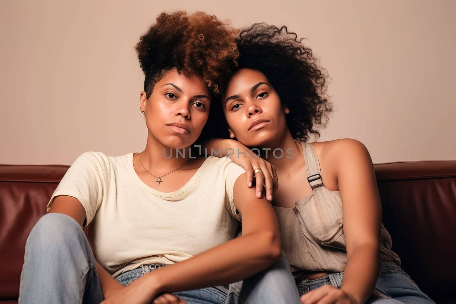 Portrait of an African American lesbian couple hugging each other. Generative AI. High quality illustration