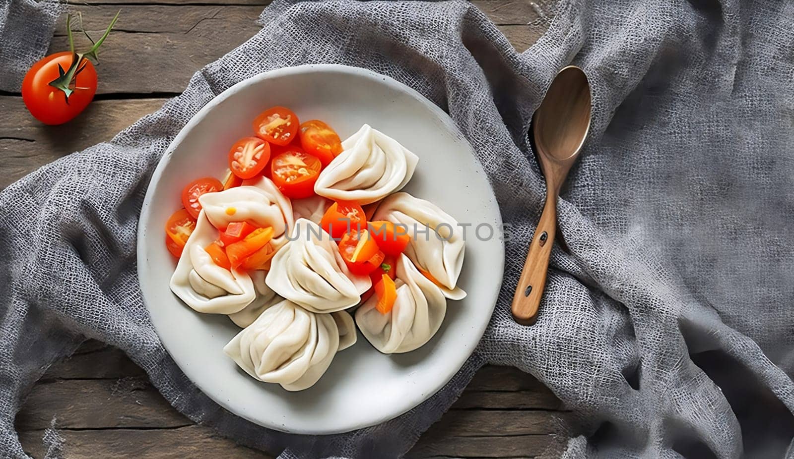 A plate of traditional russian dumplings with tomato on rustic wooden background . Illustration AI Generative by andre_dechapelle