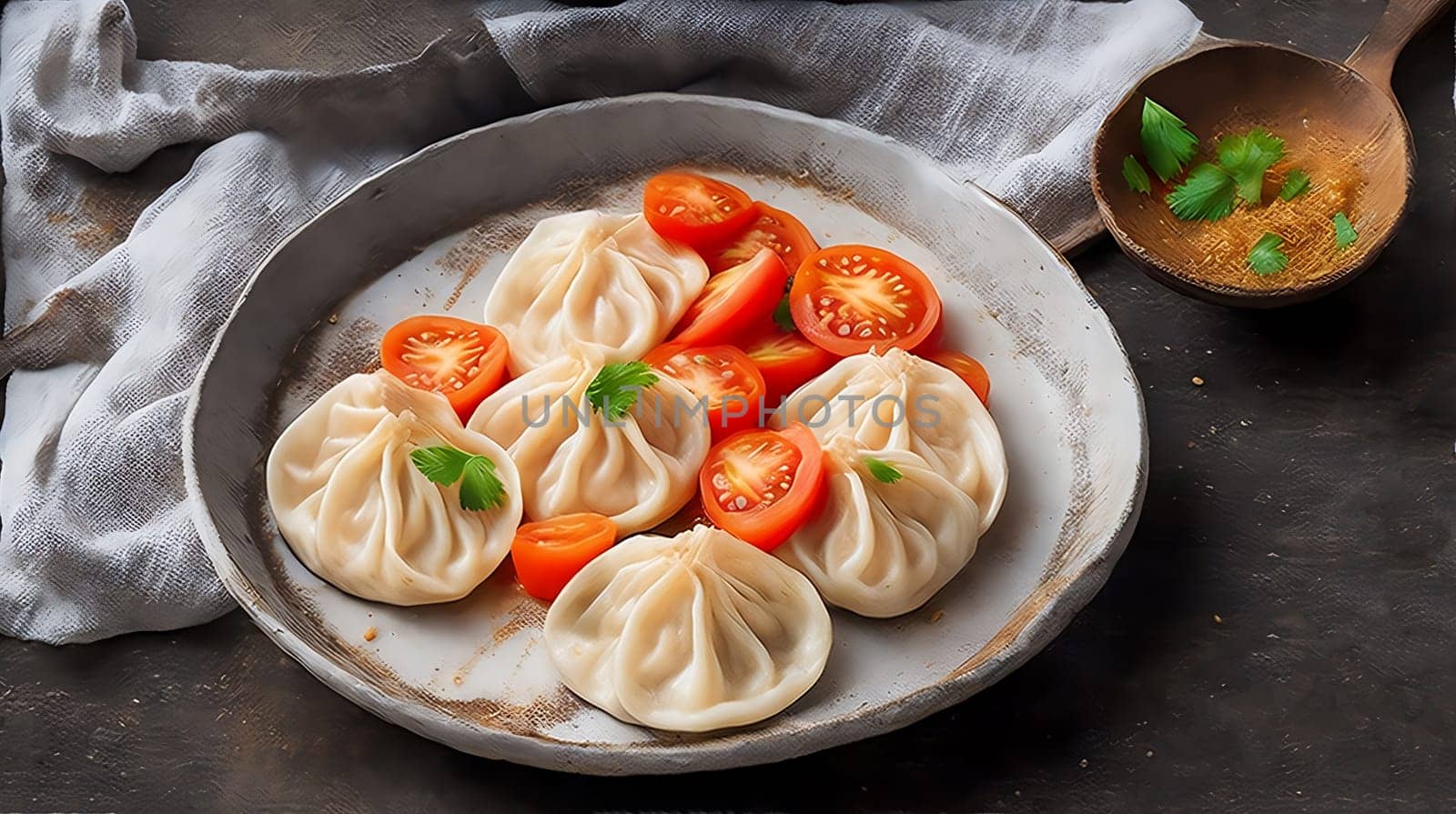 A plate of traditional russian dumplings with tomatoand basilic on rustic wooden background . Illustration AI Generative by andre_dechapelle