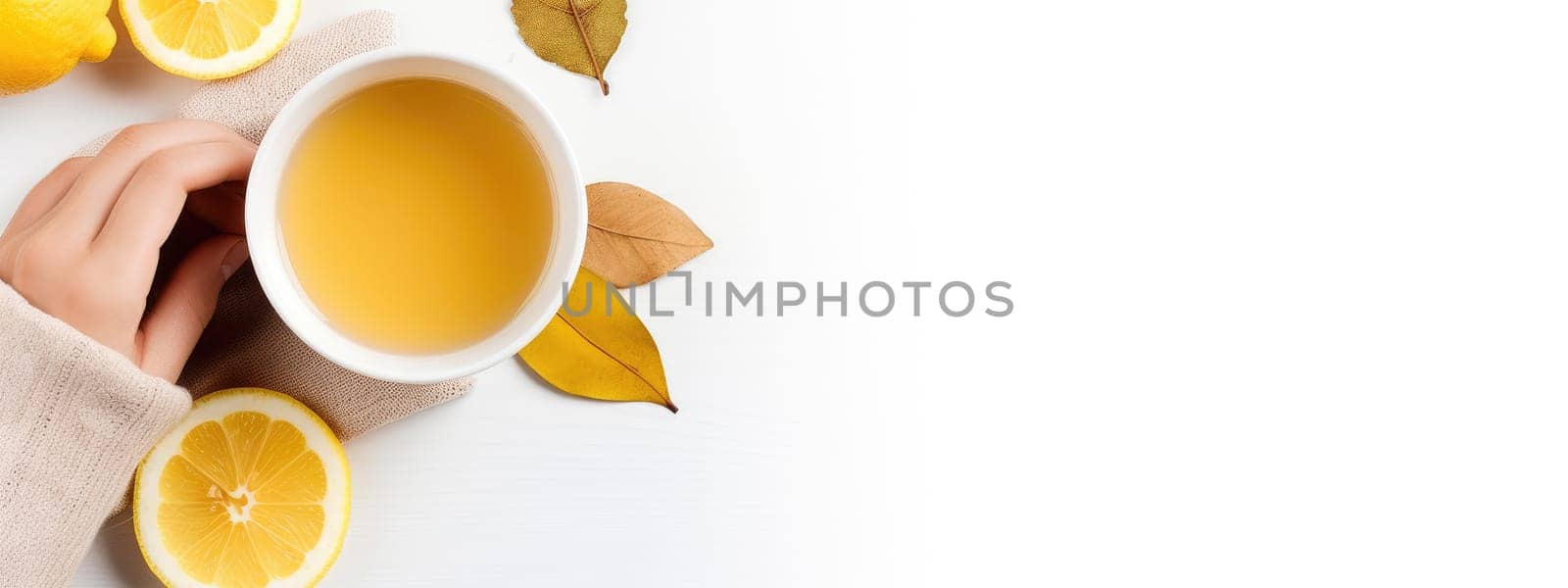 Banner. Top view of female hands holding lemon tea, AI Generated.