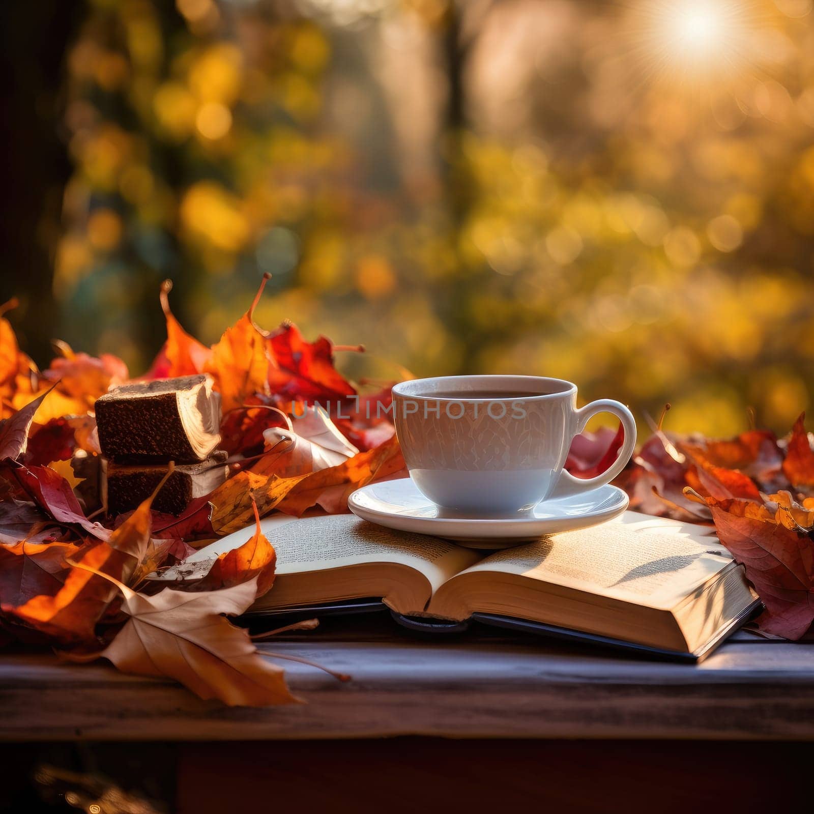 Autumn mood. Cup of black tea on stack of books and autumn leaves , AI Generated .