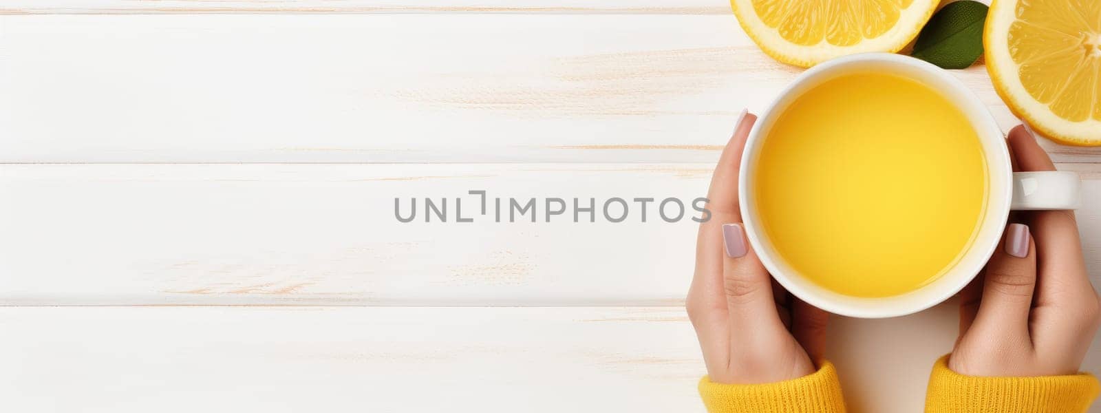 Banner. Top view of female hands holding lemon tea, AI Generated.