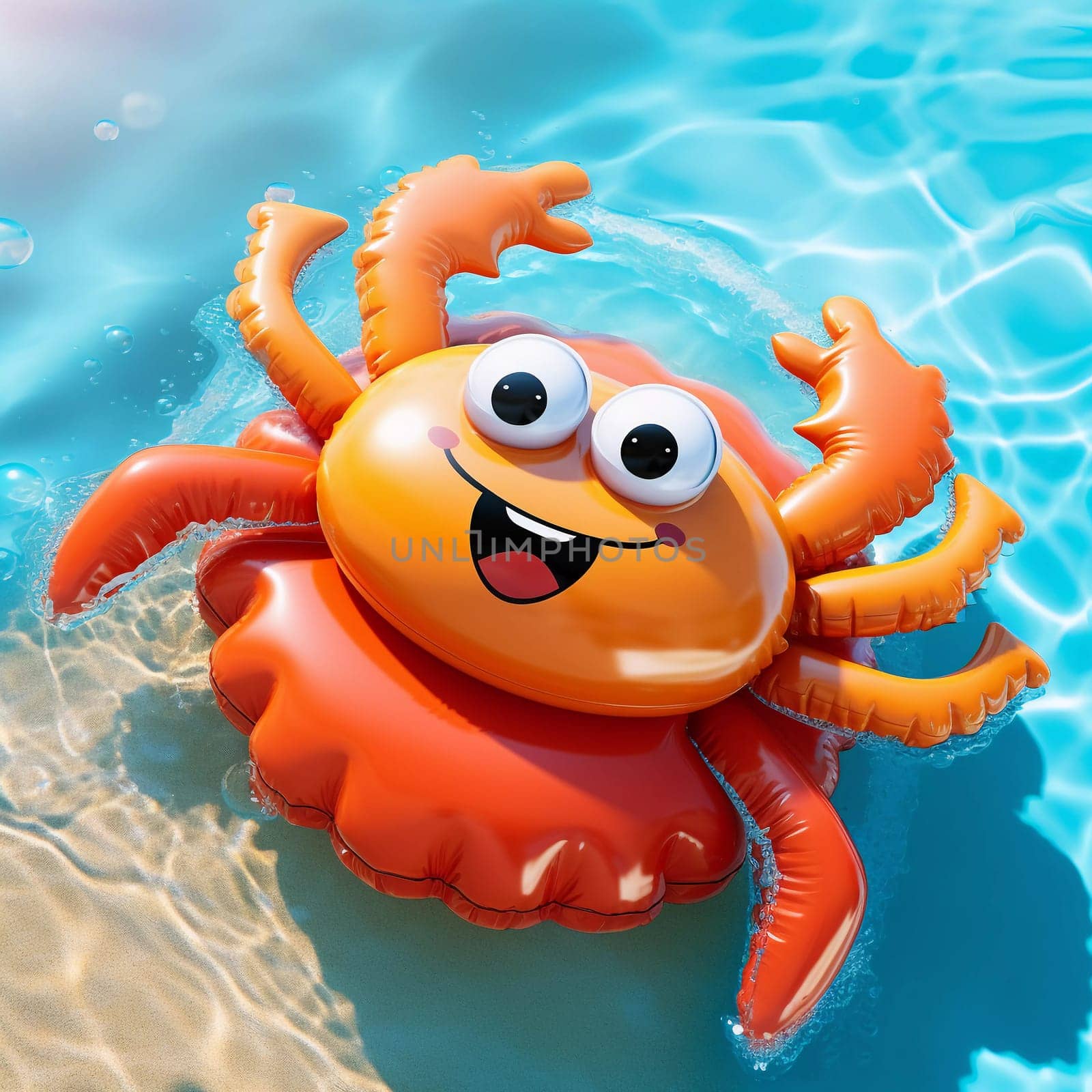 Crab Air Mattress. Floats on the surface of the water in the pool. Summer colorful vacation background.