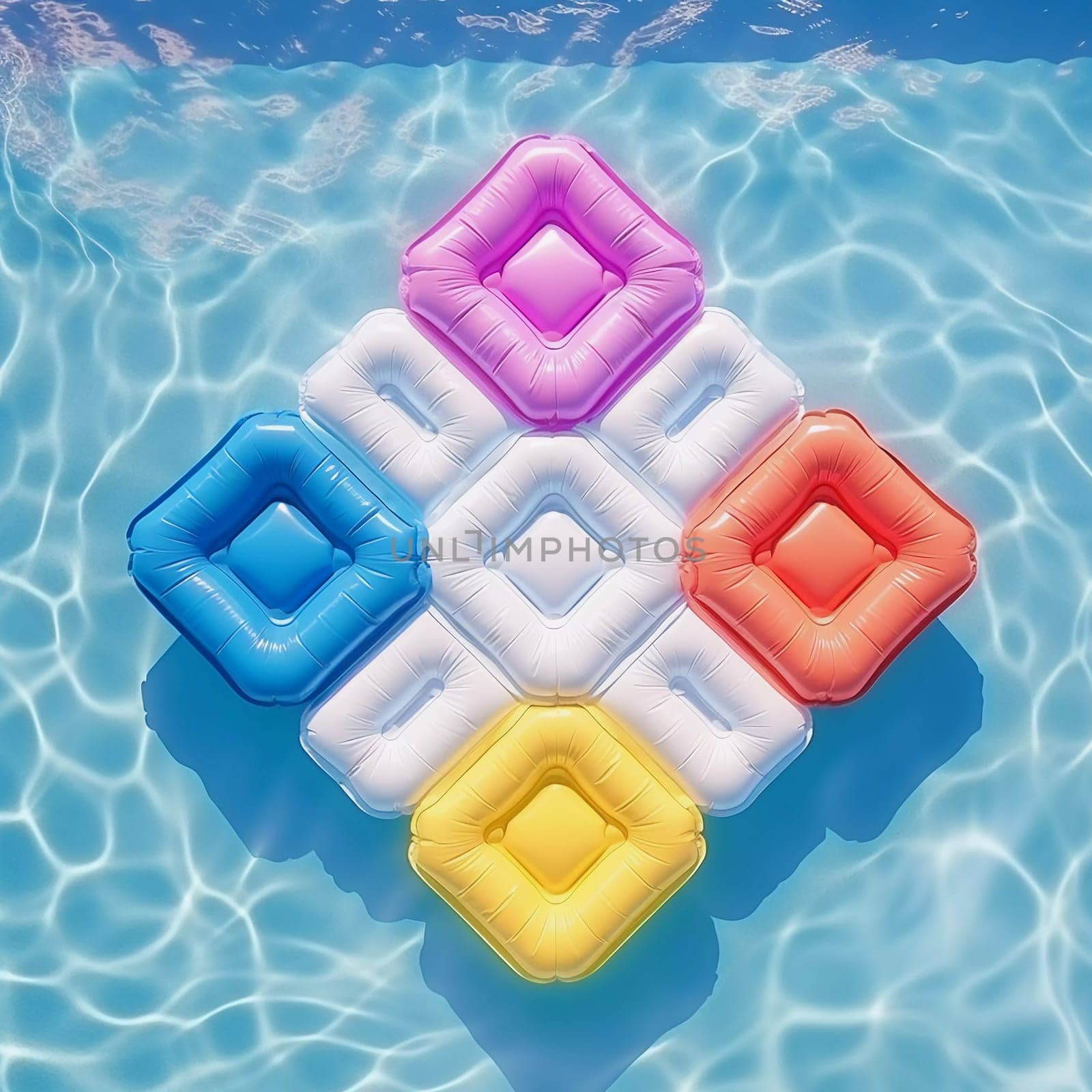 Square Colorful Air Mattress. Floats on the surface of the water in the pool. Summer colorful vacation background.