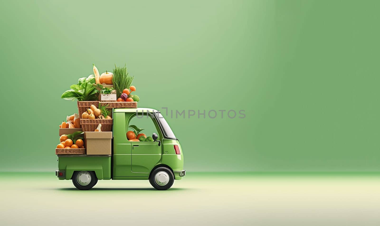 Fast delivery service car driving with order business background concept. Home delivery fresh vegetables in basket. food delivery service. groceries box service with copy space.
