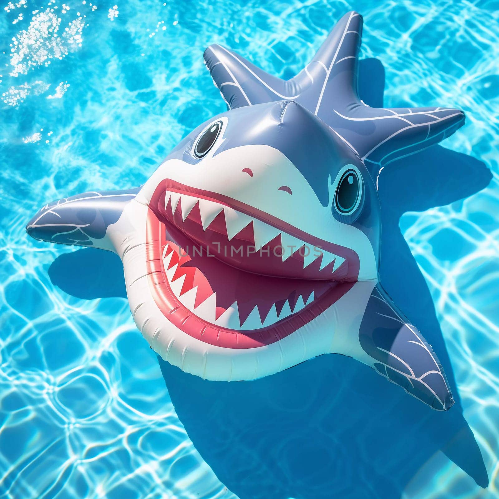 Shark Air Mattress. Floats on the surface of the water in the pool. Summer colorful vacation background.