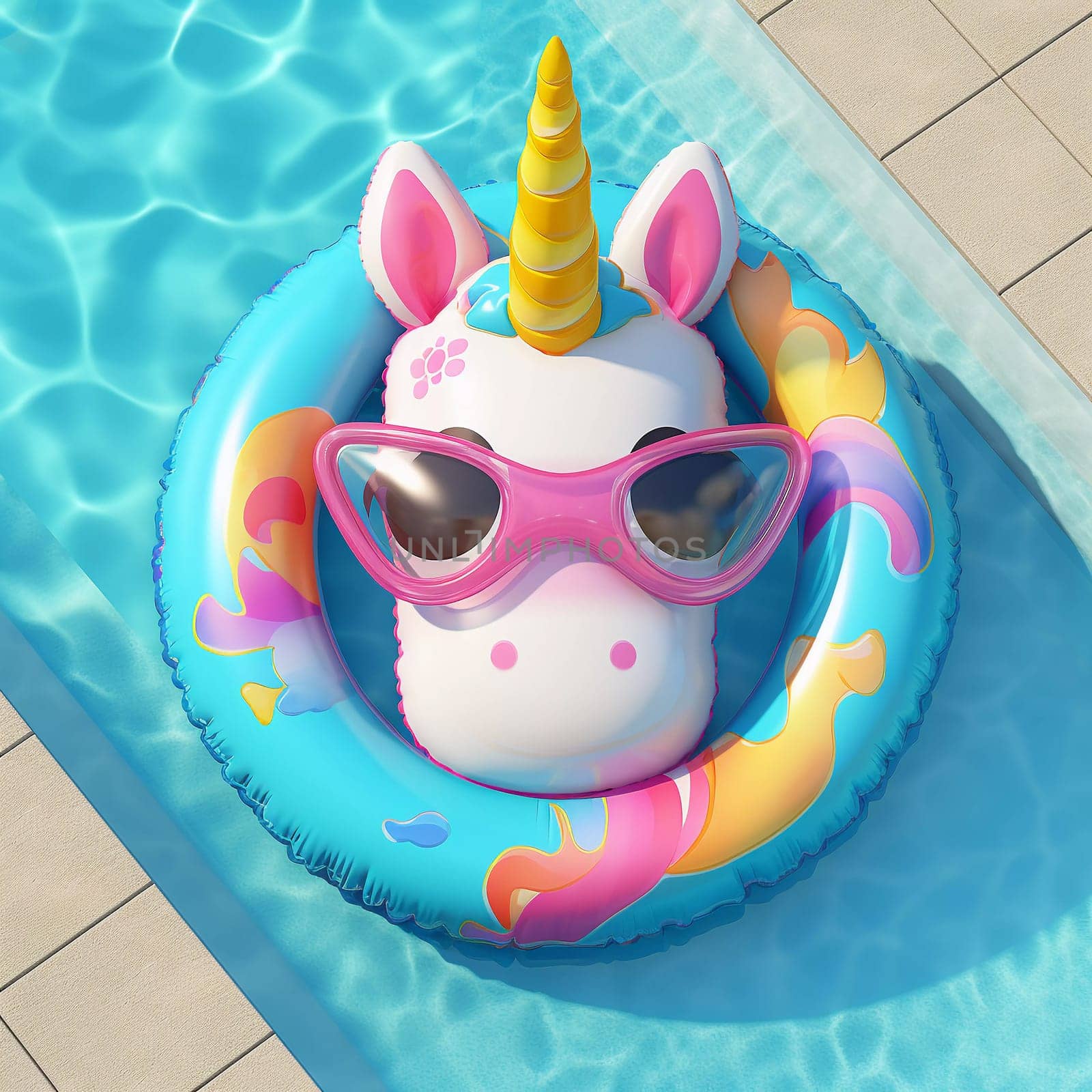 Unicorn Air Mattress. Floats on the surface of the water in the pool. Summer colorful vacation background.