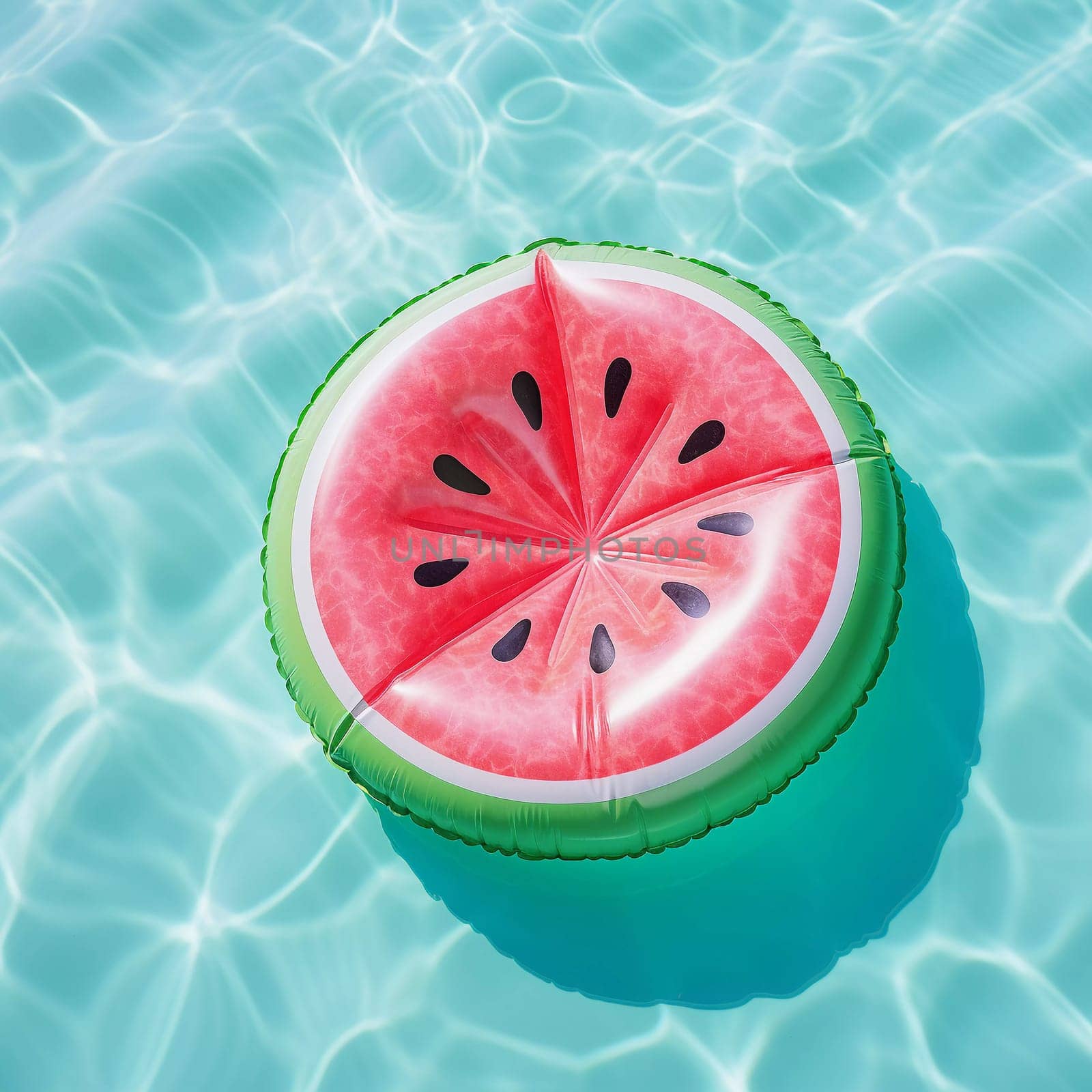 Round Watermelon Air Mattress. Floats on the surface of the water in the pool. Summer colorful vacation background.
