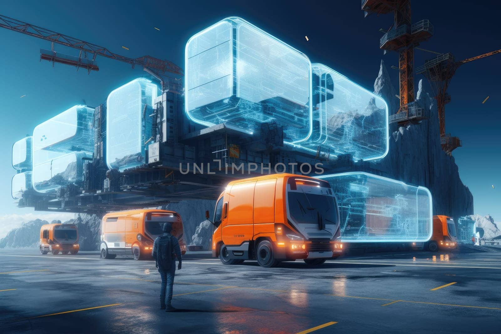 A businessman looking at the virtual interface panel of the global logistics network for distribution and transportation, Smart Logistics. Generative AI.
