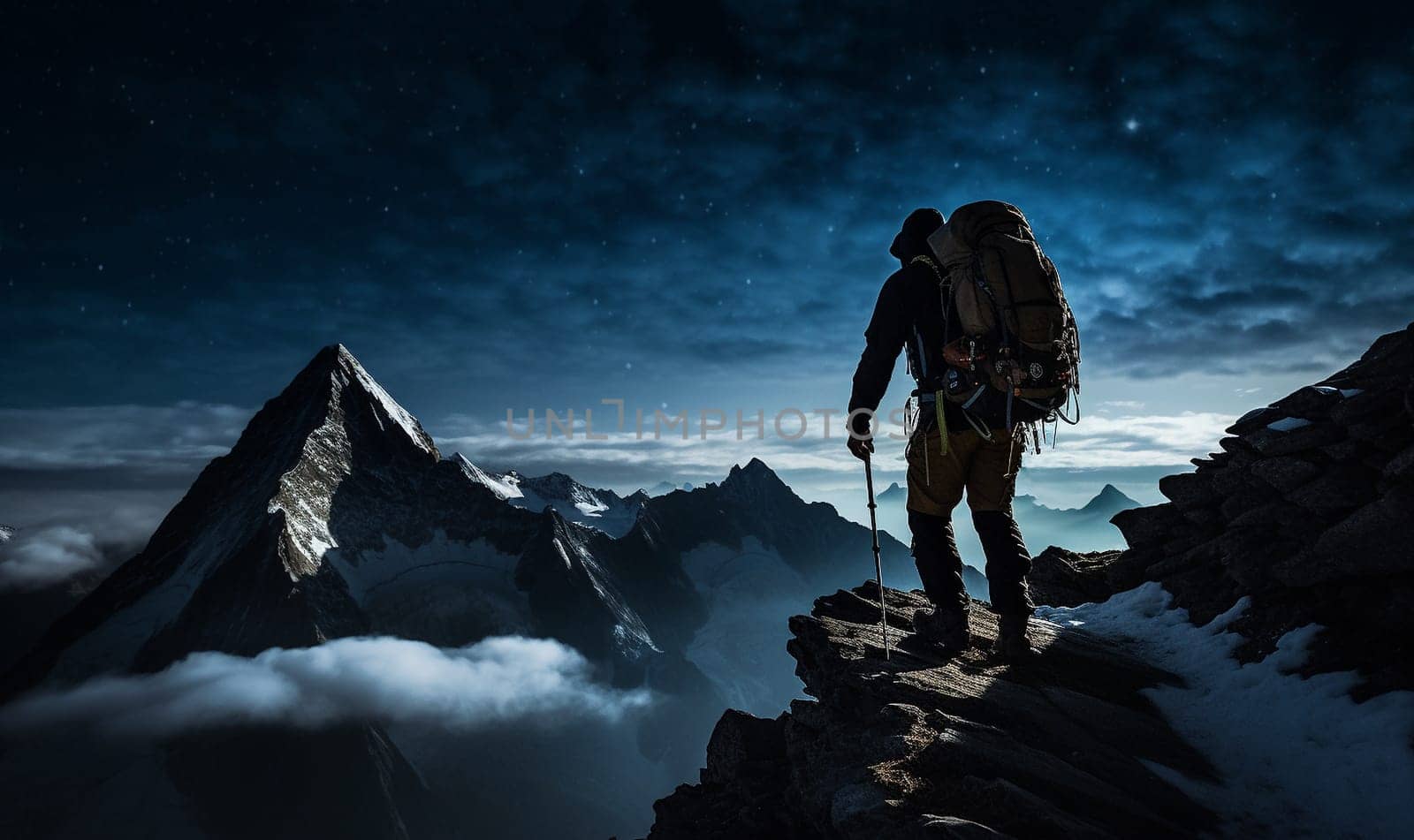 Hikers climber walking in the mountains by night, mountaineers trekking in the cold night. Team of hiker climbers with beautiful galaxy starry sky by Annebel146