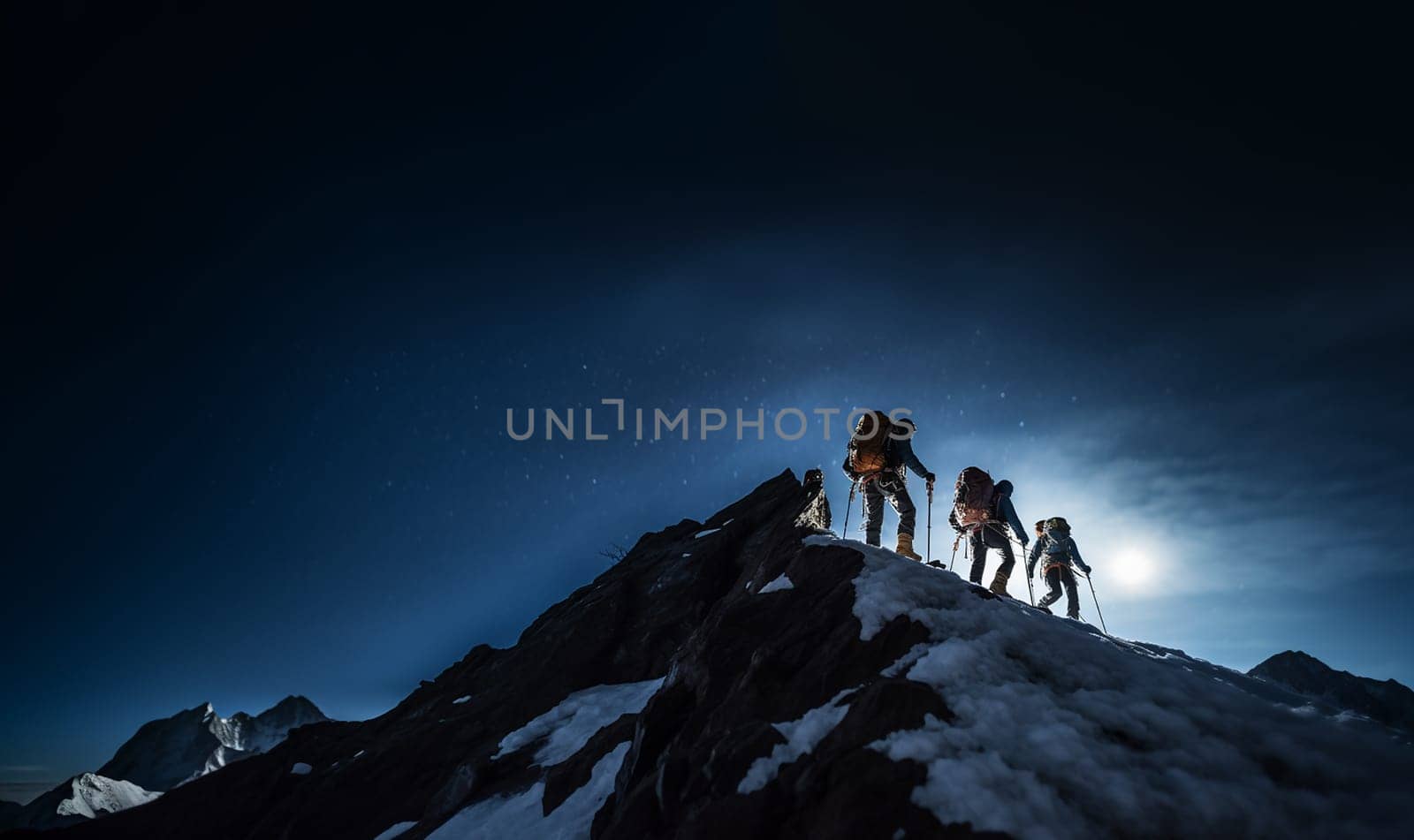 Hikers climber walking in the mountains by night, mountaineers trekking in the cold night. Team of hiker climbers with beautiful galaxy starry sky by Annebel146