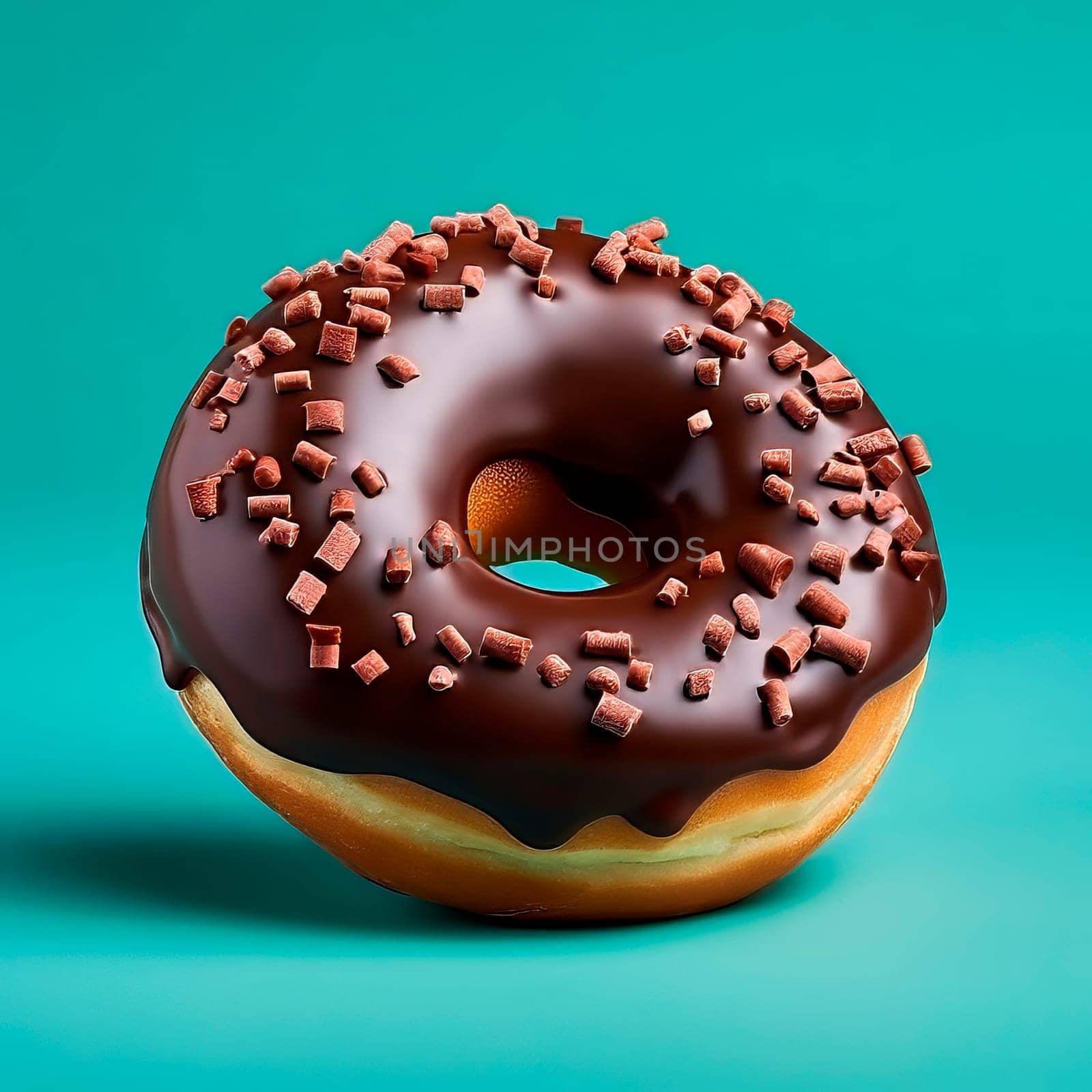 On a bright background lies a donut with chocolate icing icing. Minimalism.