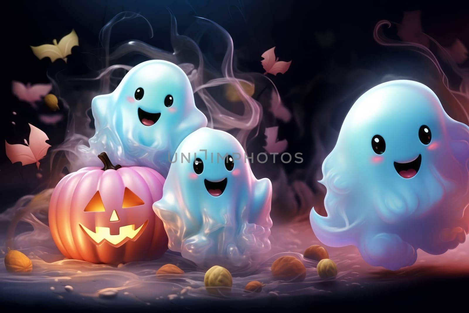 Cute Halloween ghosts with beautiful kind pumpkins in delicate colors. by Spirina