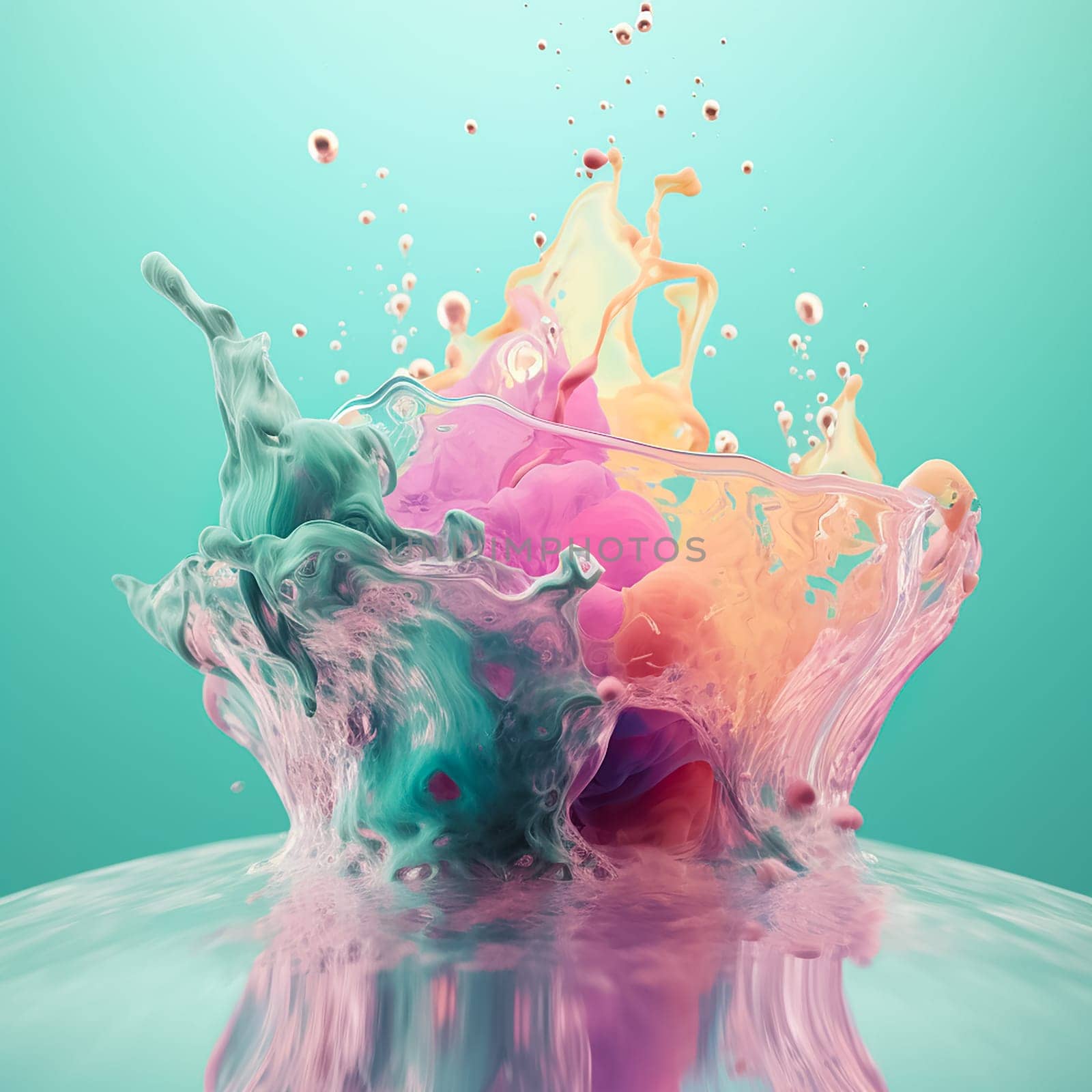 Colorful abstract paint splashes background. Paint bubbles toned in different colors. Paint splashes and drops background. Generative AI square banner.