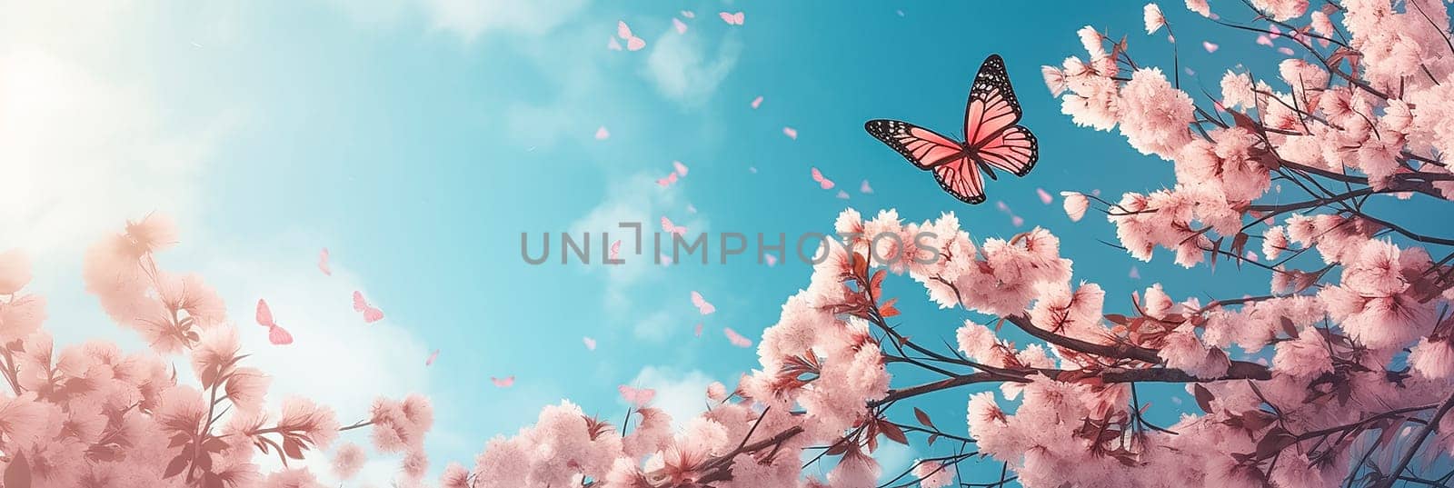 The butterfly is flies by Pink cherry blossoms branch on the blurred blue sky background. Long banner with Spring flowers of cherries tree.