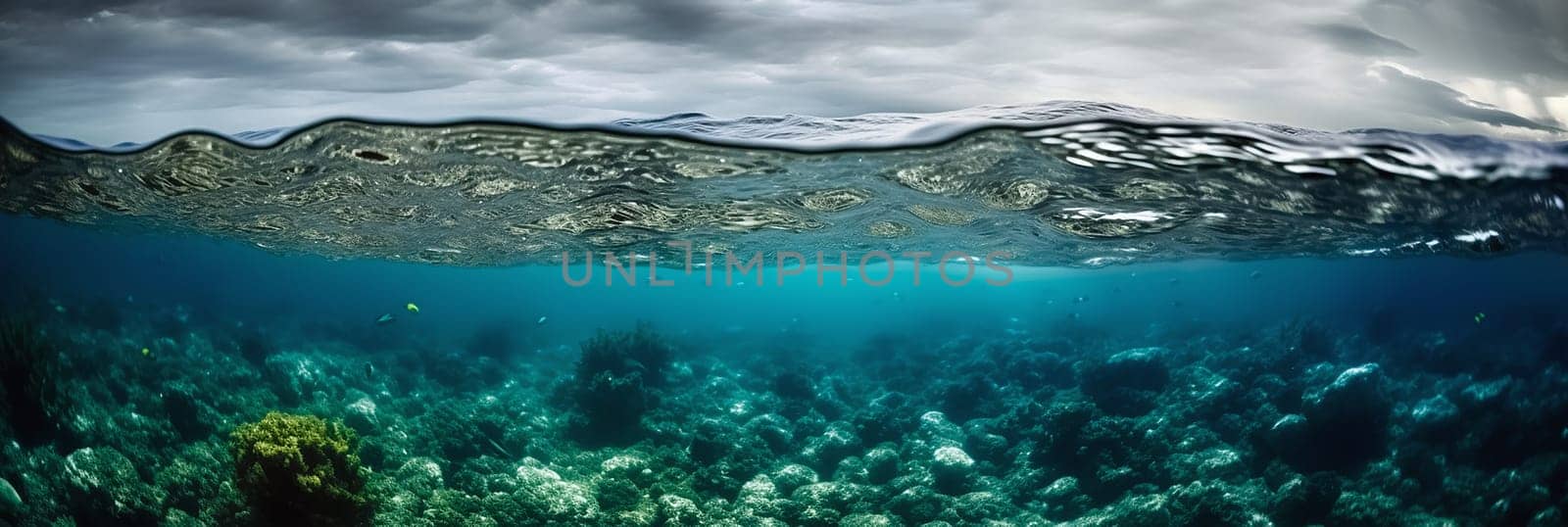 Long banner with underwater world and blue sky with clouds. Transparent deep water of the ocean or sea.