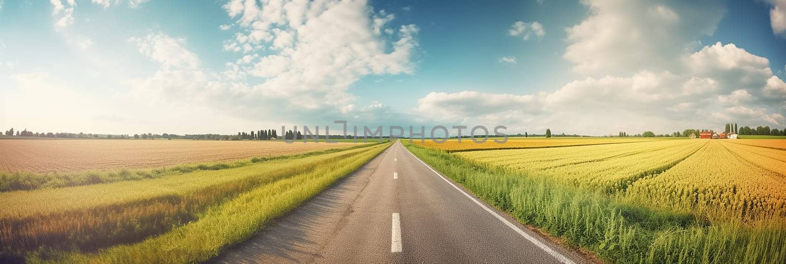 An empty asphalt road runs between a field of ripe wheat and small farm houses. Long banner with road, field, sky and farm house.